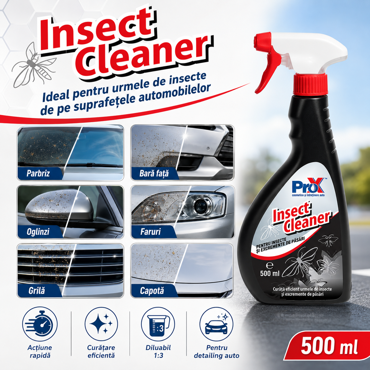 Instrucțiuni utilizare PRO X Insect Cleaner pulverizare 1-2 minute clătire