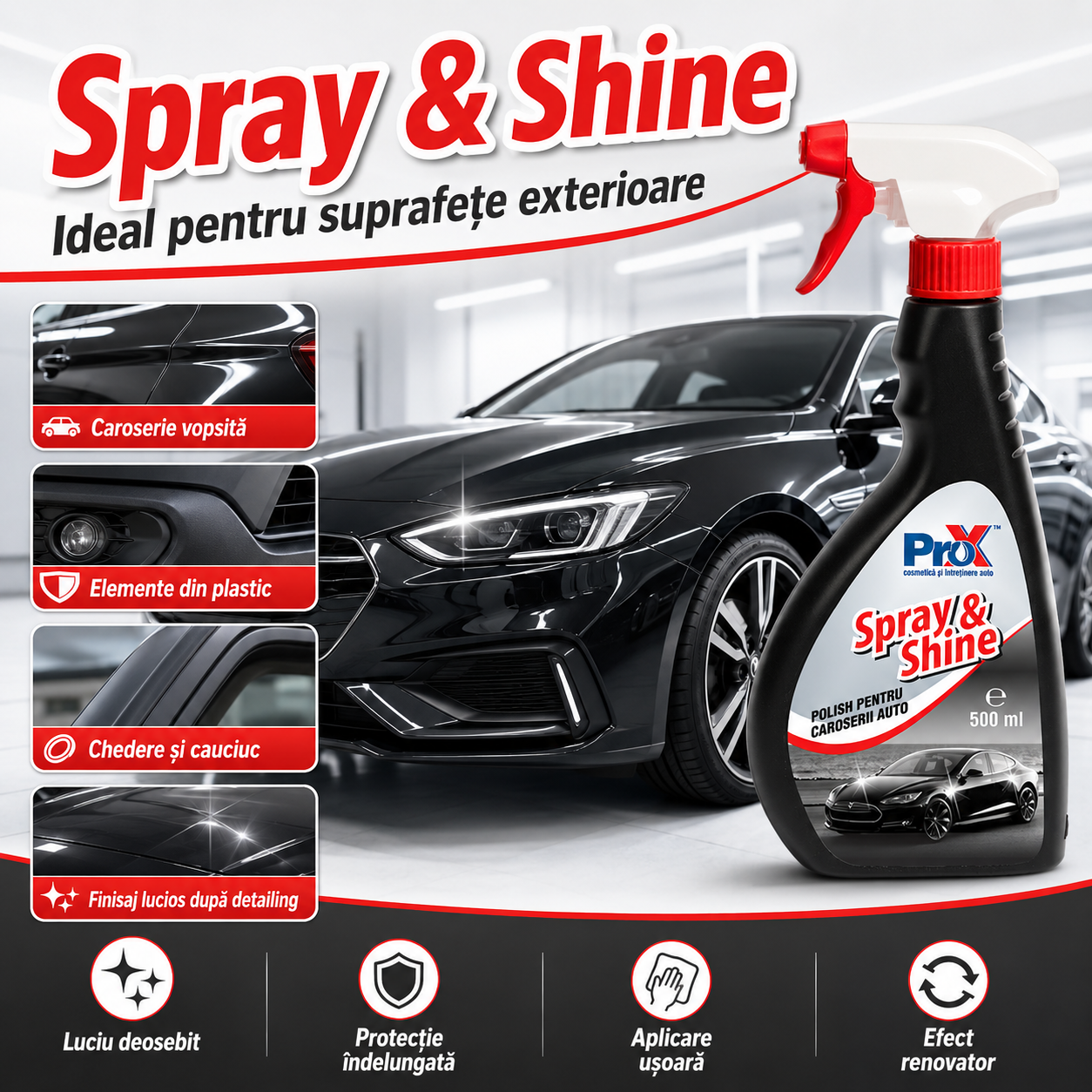 Instrucțiuni utilizare PRO X Spray & Shine aplicare mișcări circulare lustruire