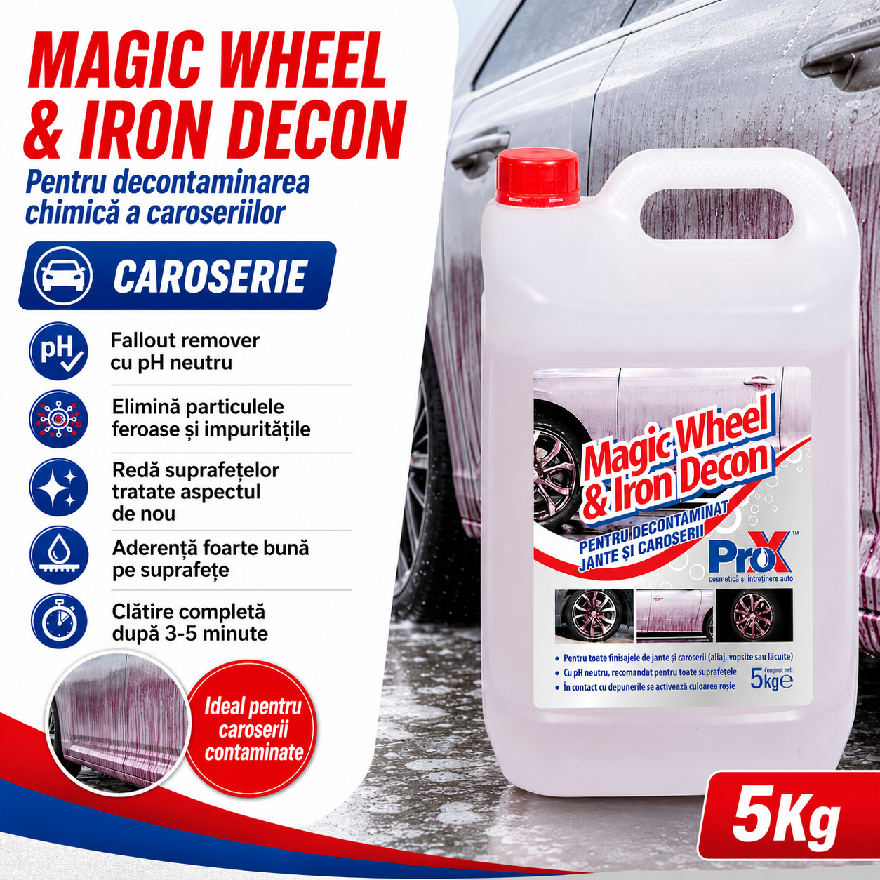 Instrucțiuni utilizare Magic Wheel & Iron Decon pulverizare 3-5 minute clătire
