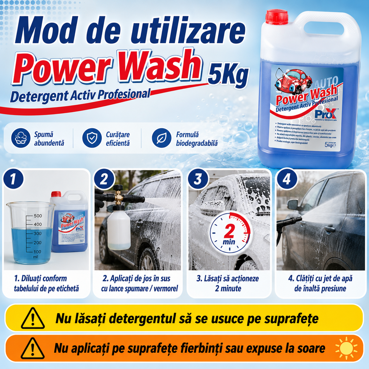 Instrucțiuni utilizare PRO X Power Wash aplicare spumă și clătire 100 bar