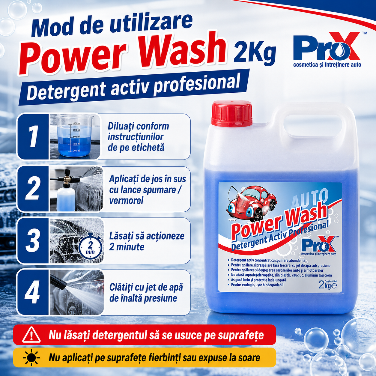 Instrucțiuni utilizare PRO X Power Wash 2 kg aplicare spumă și clătire 100 bar