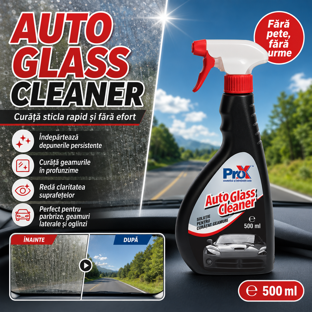 Instrucțiuni utilizare Auto Glass Cleaner pulverizare și ștergere cu lavetă