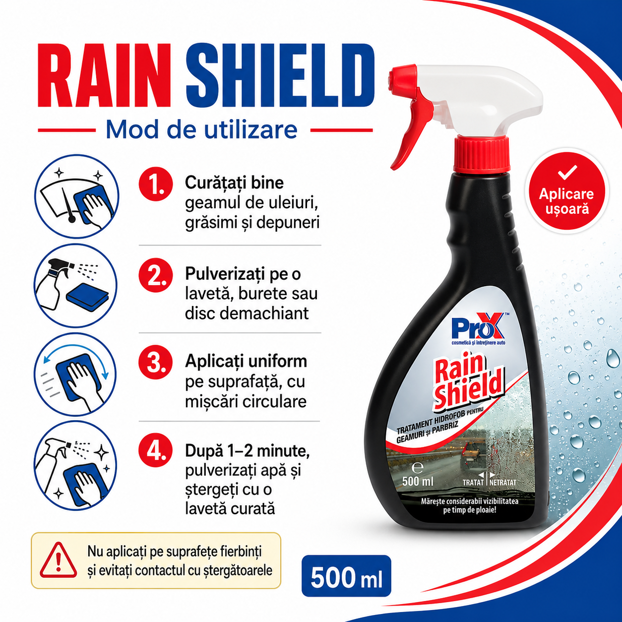 Recomandări utilizare Rain Shield nu aplicați pe suprafețe fierbinți