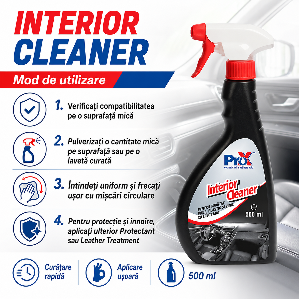 Instrucțiuni utilizare PRO X Interior Cleaner pulverizare lavetă mișcări circulare