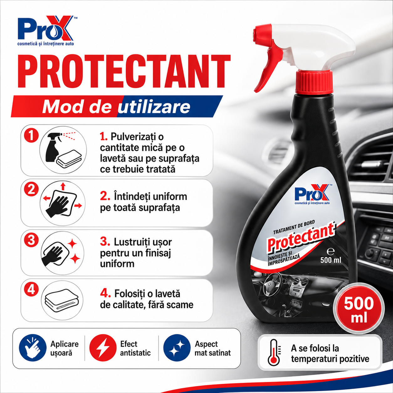Instrucțiuni utilizare PRO X Protectant pulverizare &icirc;ntindere lustruire