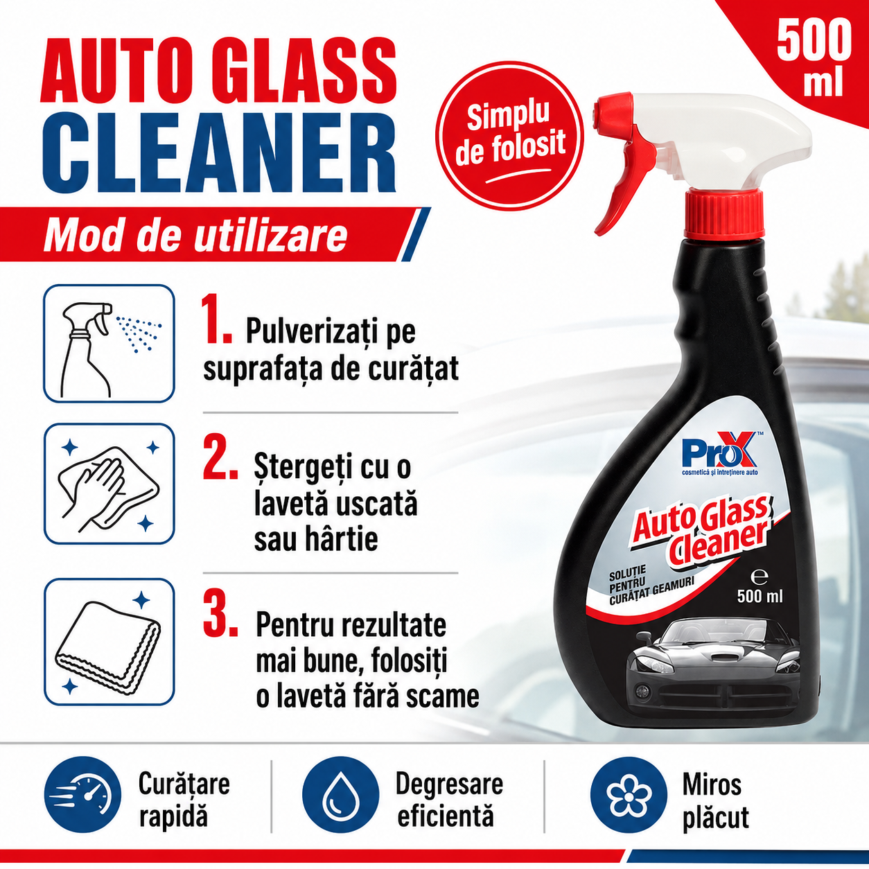 PRO X Auto Glass Cleaner recomandări curățare sticlă auto fără urme