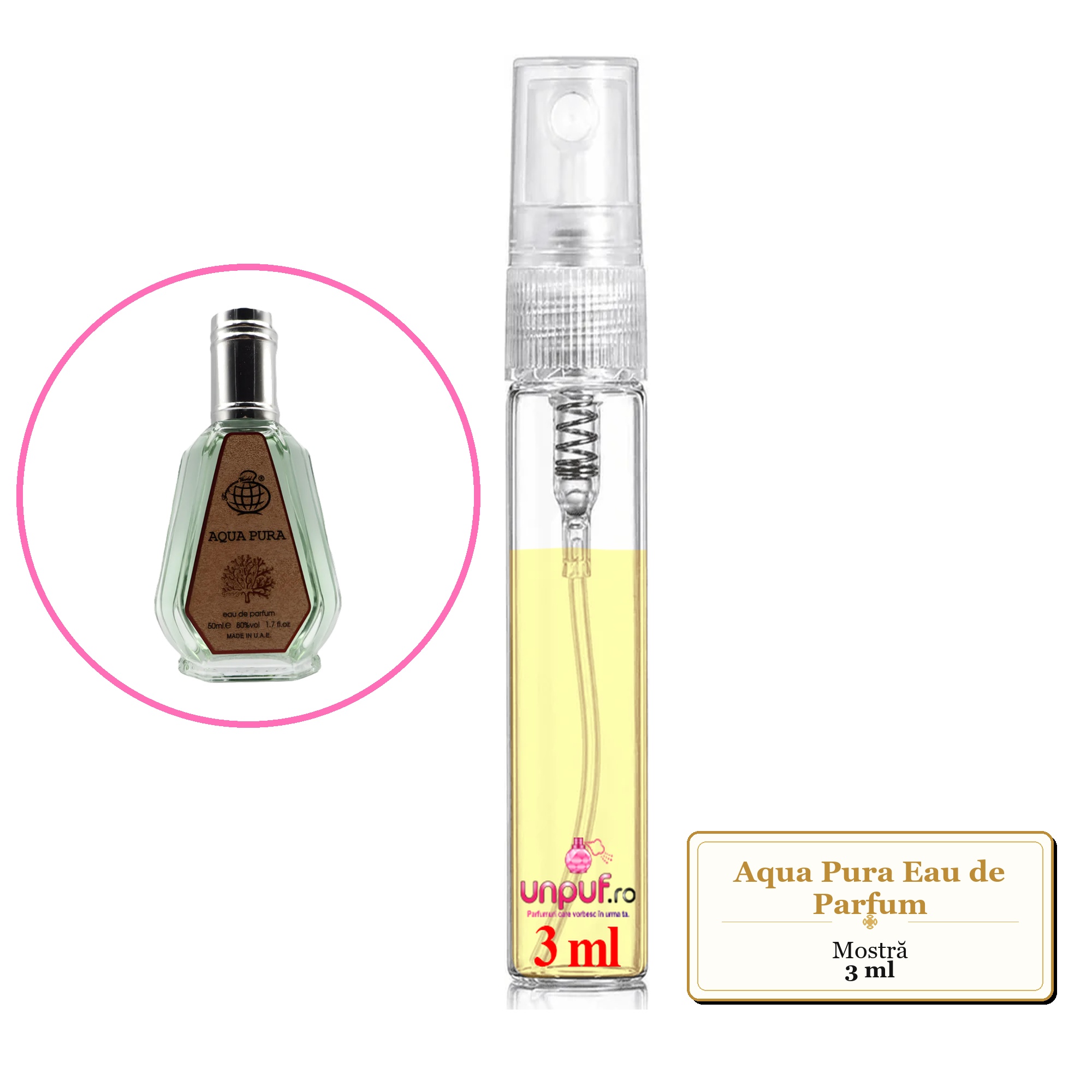 Mostra fiola din Parfumul Aqua Pura Eau de Parfum, decant sticla cu pulverizator