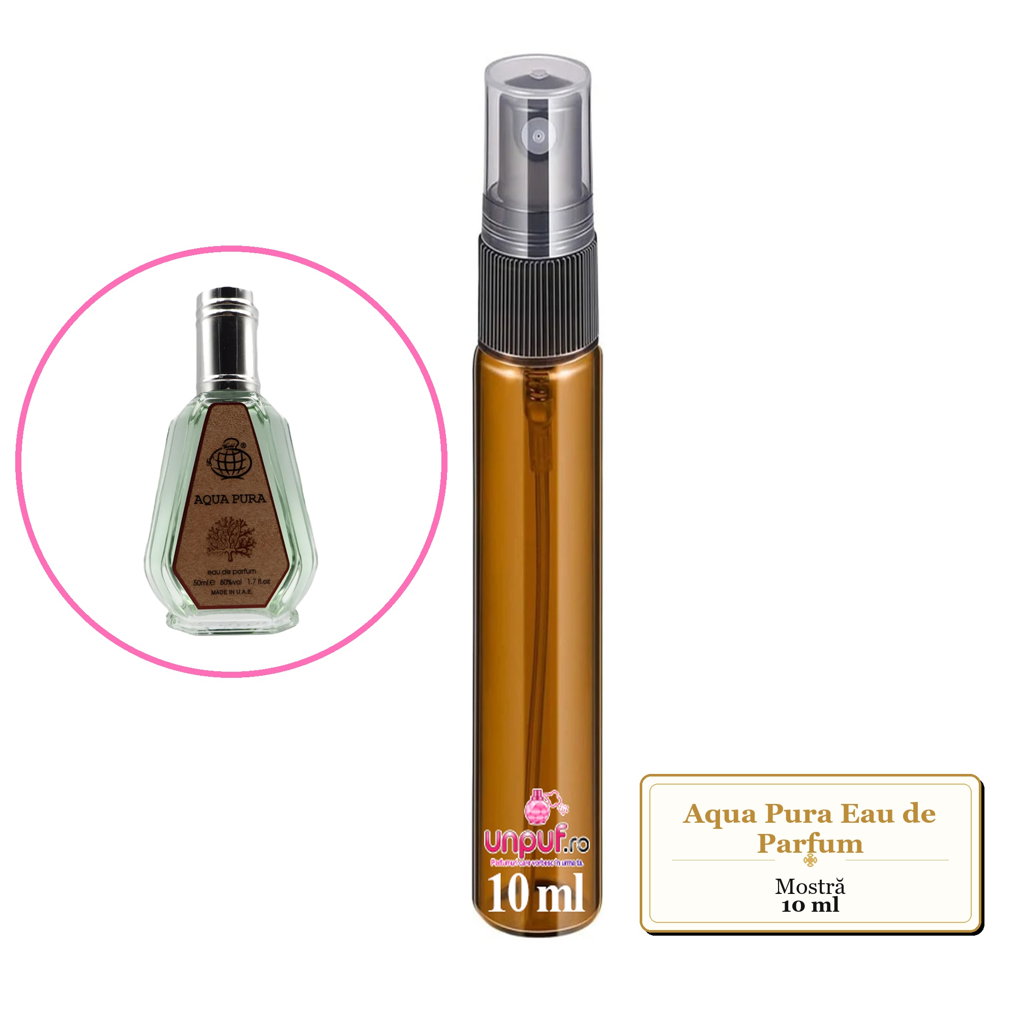 Mostra fiola din Parfumul Aqua Pura Eau de Parfum, decant sticla cu pulverizator