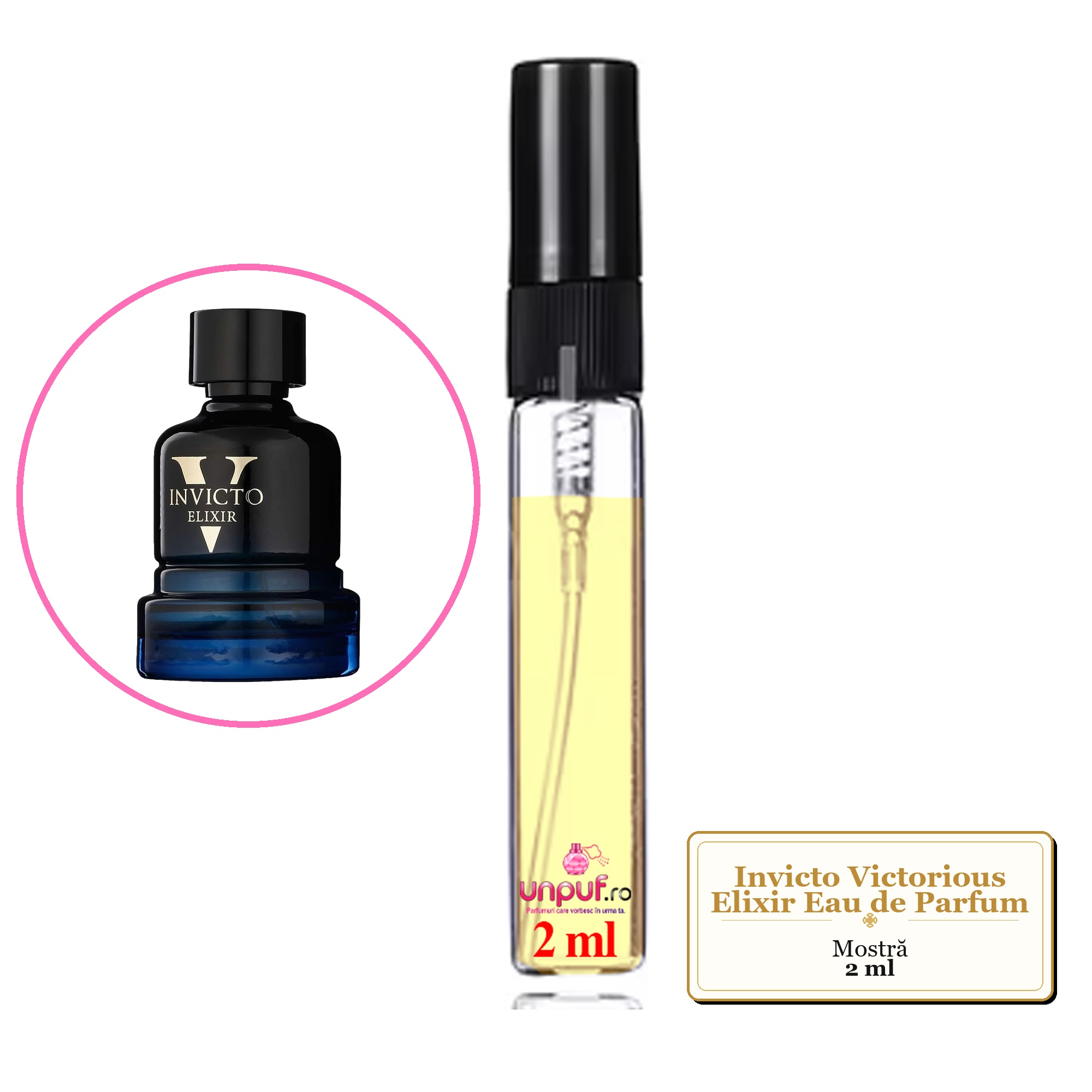 Mostra fiola din Parfumul Invicto Victorious Elixir Eau de Parfum, decant sticla cu pulverizator
