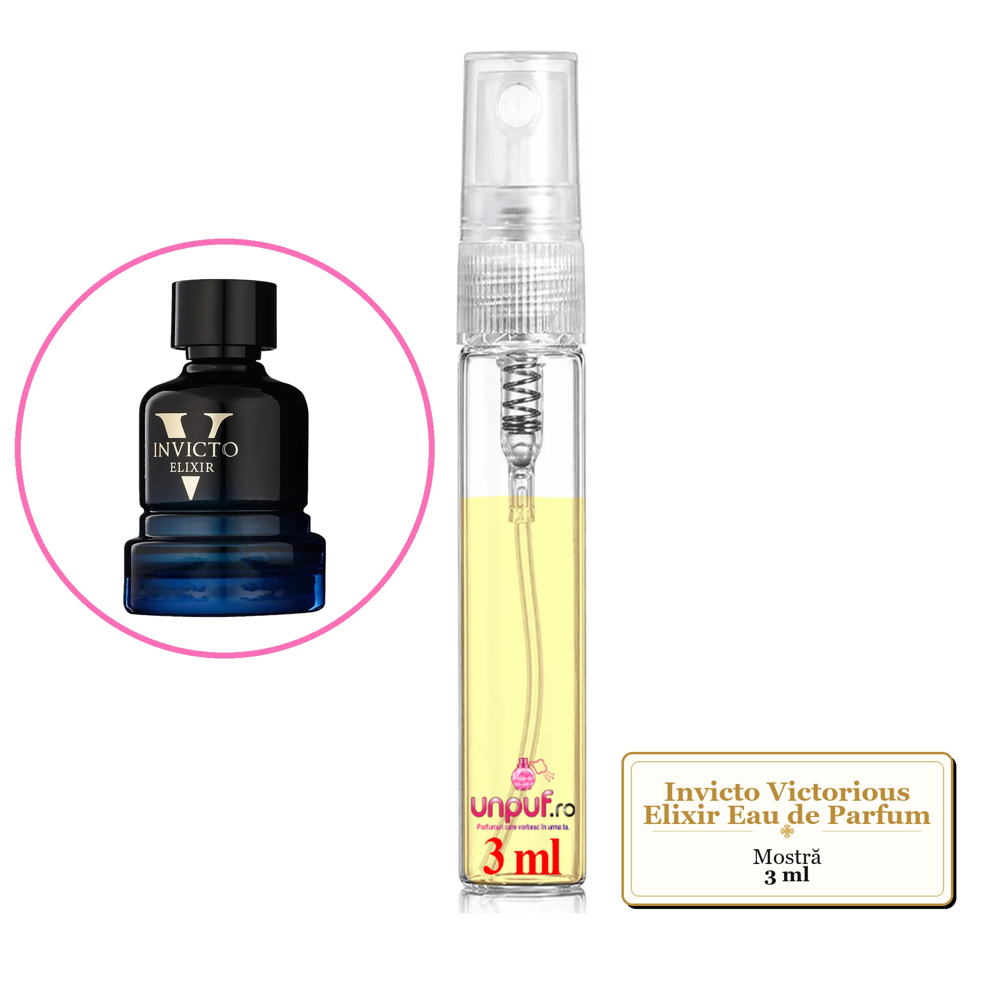 Mostra fiola din Parfumul Invicto Victorious Elixir Eau de Parfum, decant sticla cu pulverizator