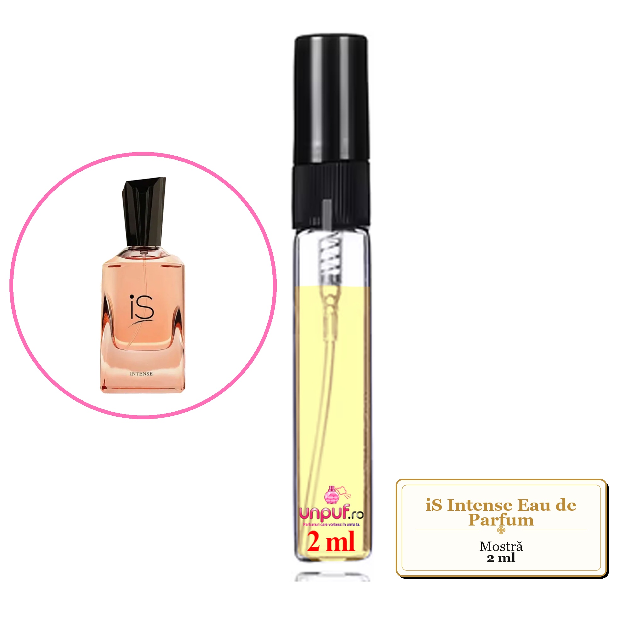 Mostra fiola din Parfumul iS Intense Eau de Parfum, decant sticla cu pulverizator