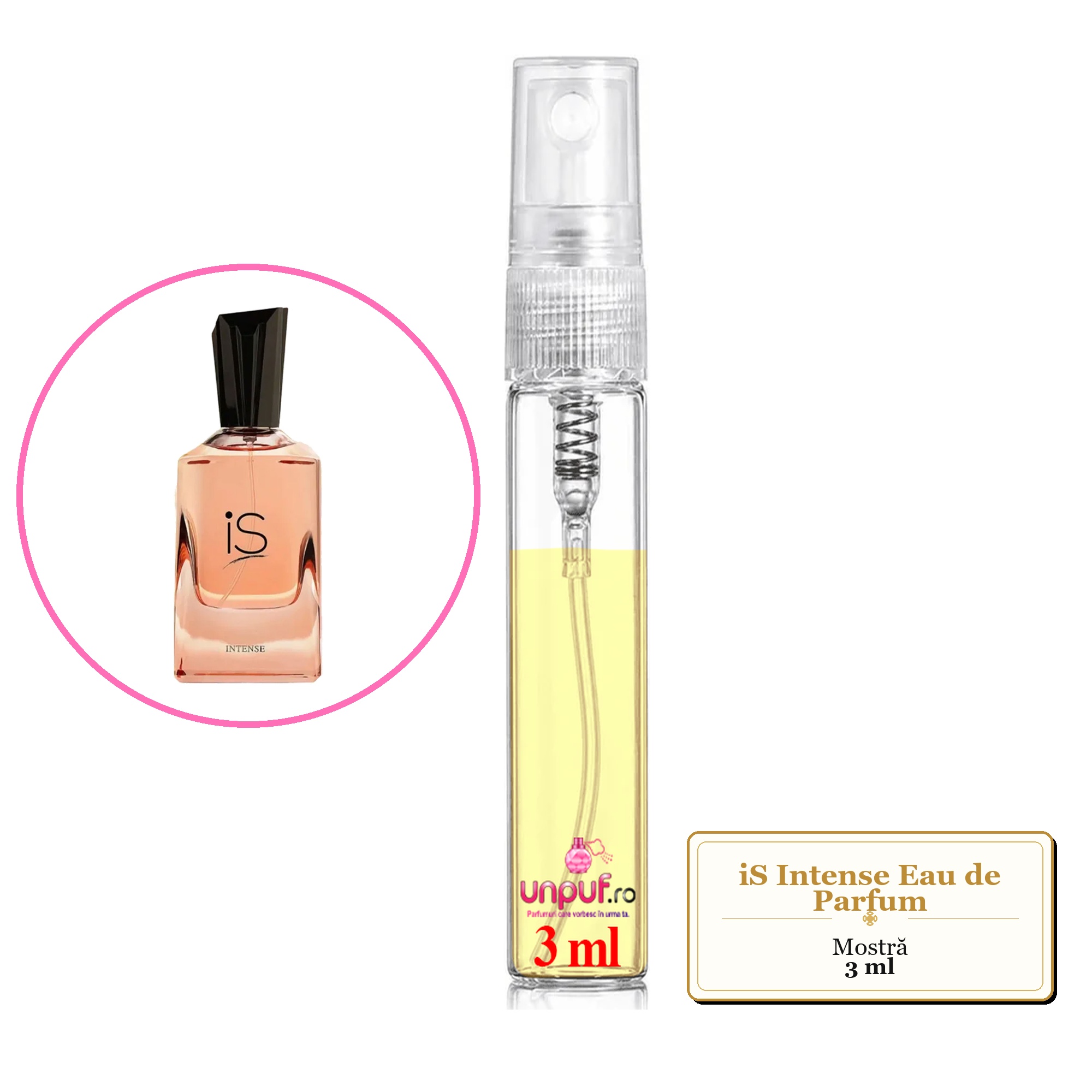 Mostra fiola din Parfumul iS Intense Eau de Parfum, decant sticla cu pulverizator