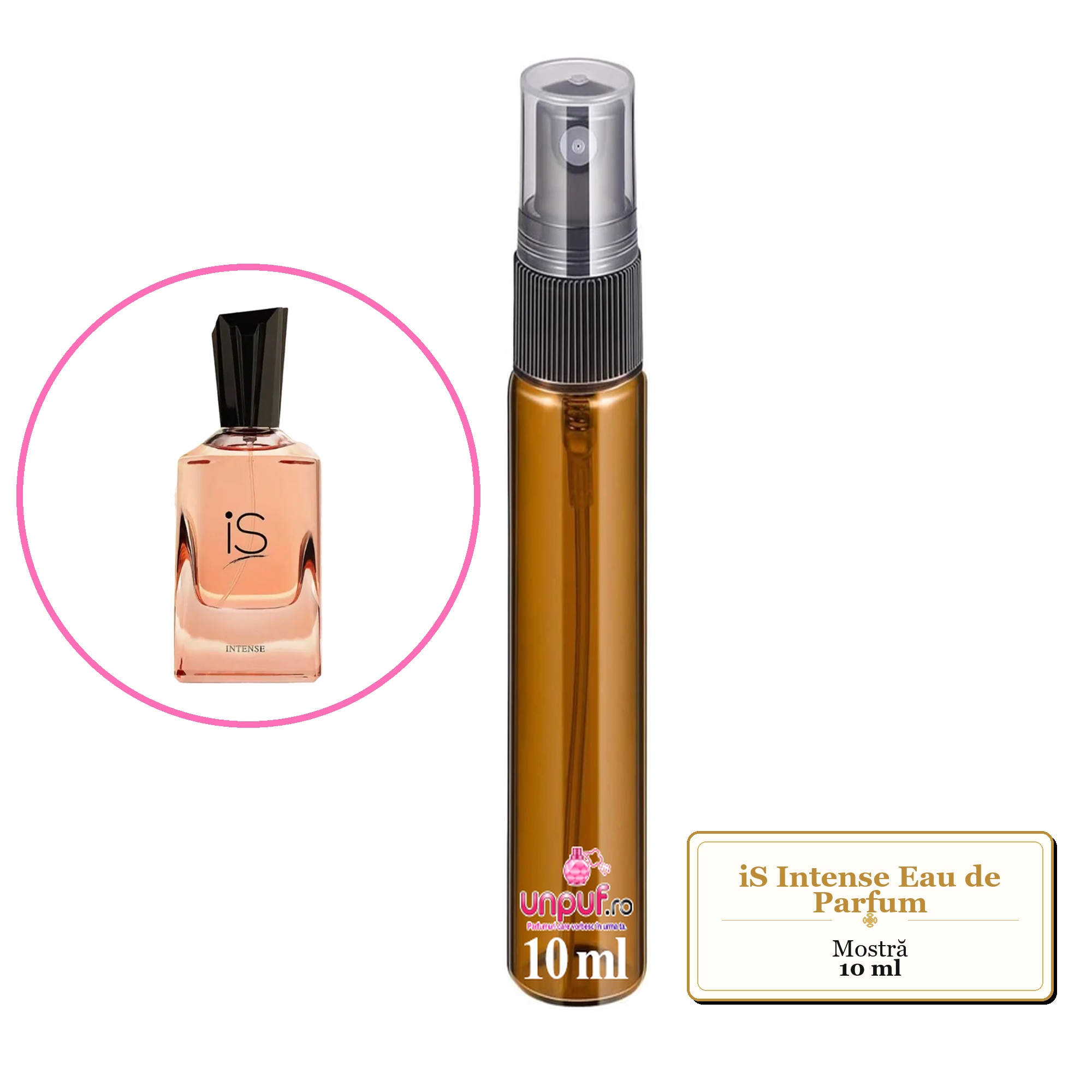 Mostra fiola din Parfumul iS Intense Eau de Parfum, decant sticla cu pulverizator