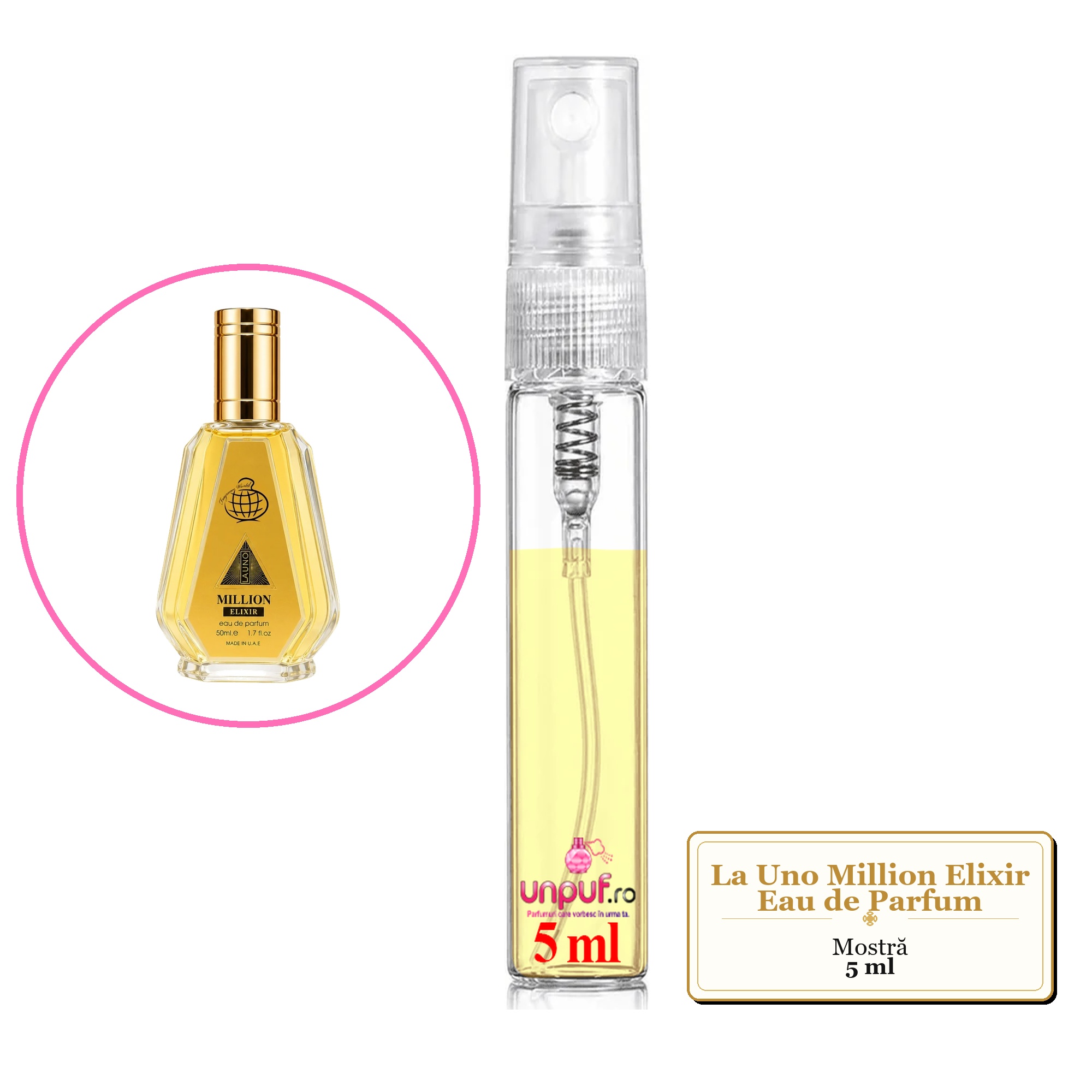 Mostra fiola din Parfumul La Uno Million Elixir Eau de Parfum, decant sticla cu pulverizator
