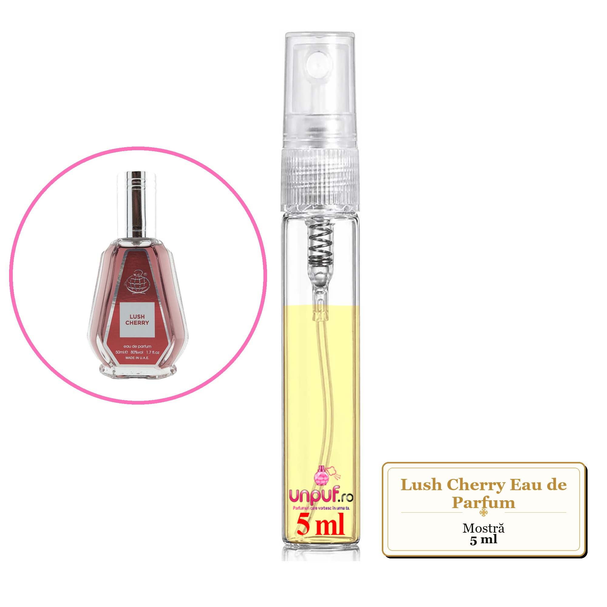 Mostra fiola din Parfumul Lush Cherry Eau de Parfum, decant sticla cu pulverizator