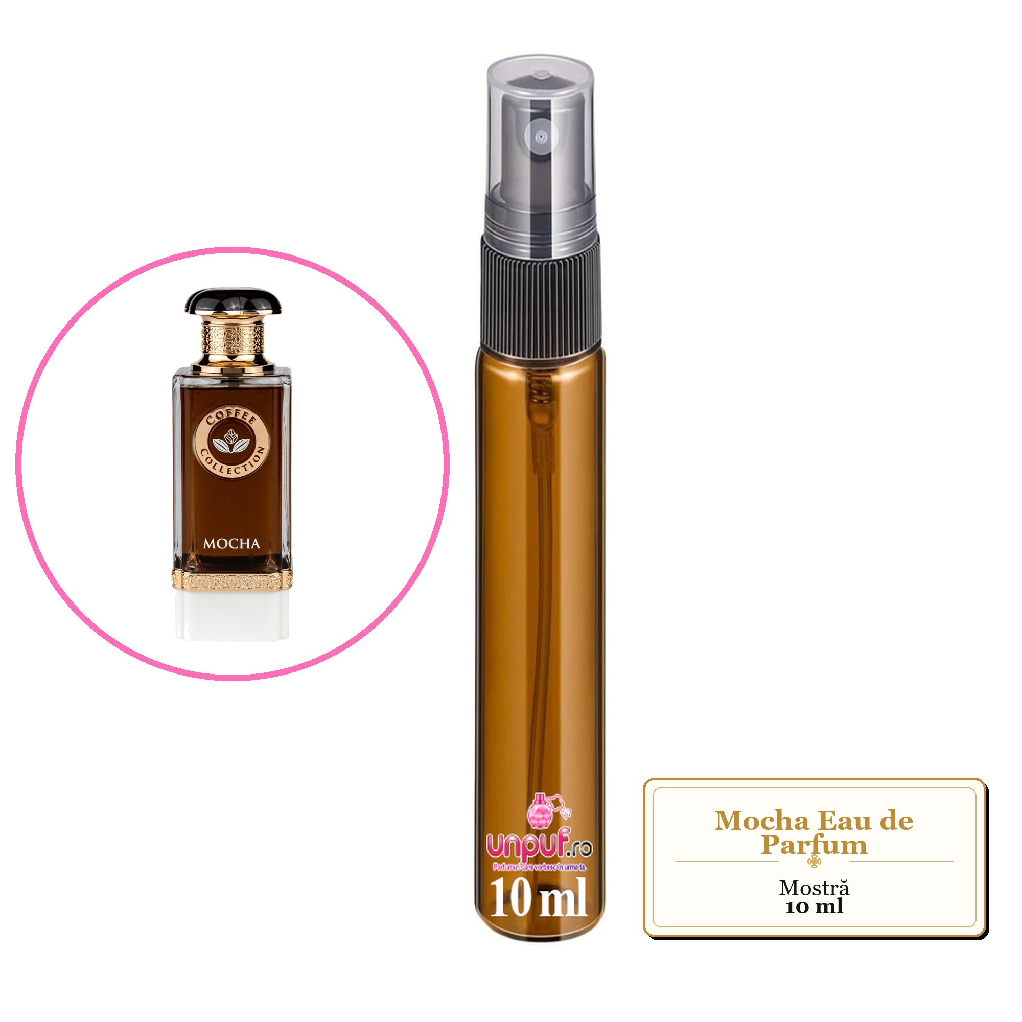 Mostra fiola din Parfumul Mocha Eau de Parfum, decant sticla cu pulverizator