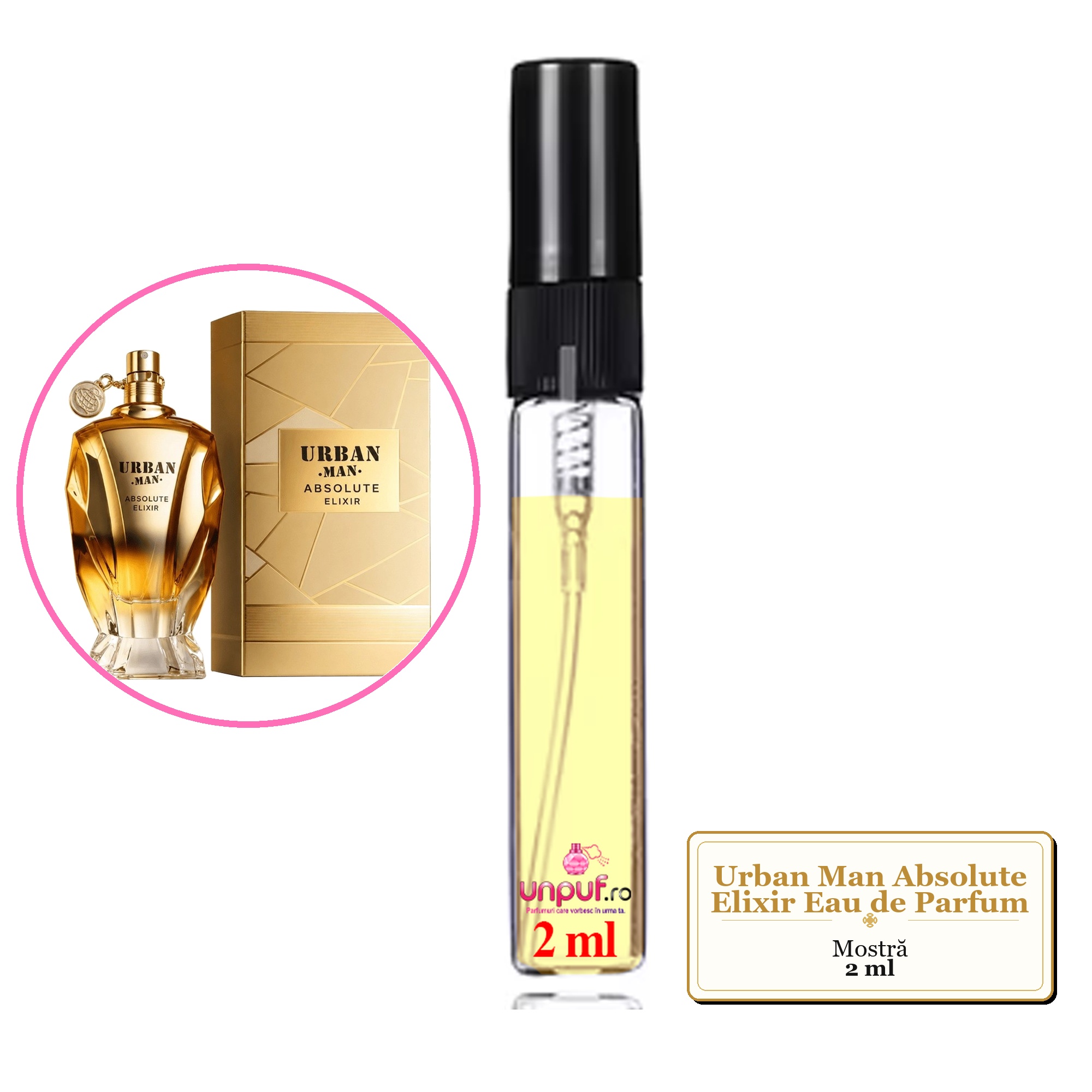 Mostra fiola din Parfumul Urban Man Absolute Elixir Eau de Parfum, decant sticla cu pulverizator