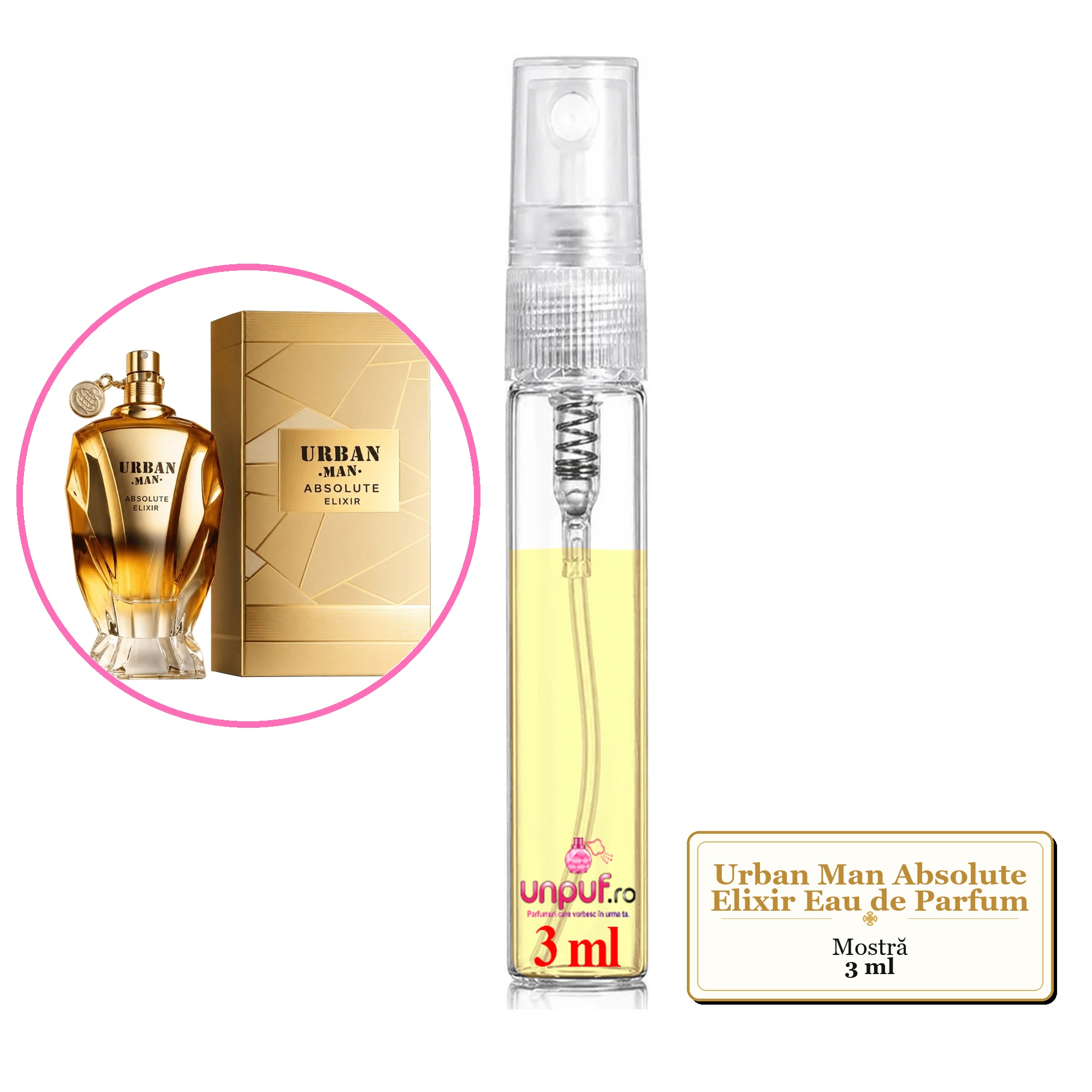 Mostra fiola din Parfumul Urban Man Absolute Elixir Eau de Parfum, decant sticla cu pulverizator