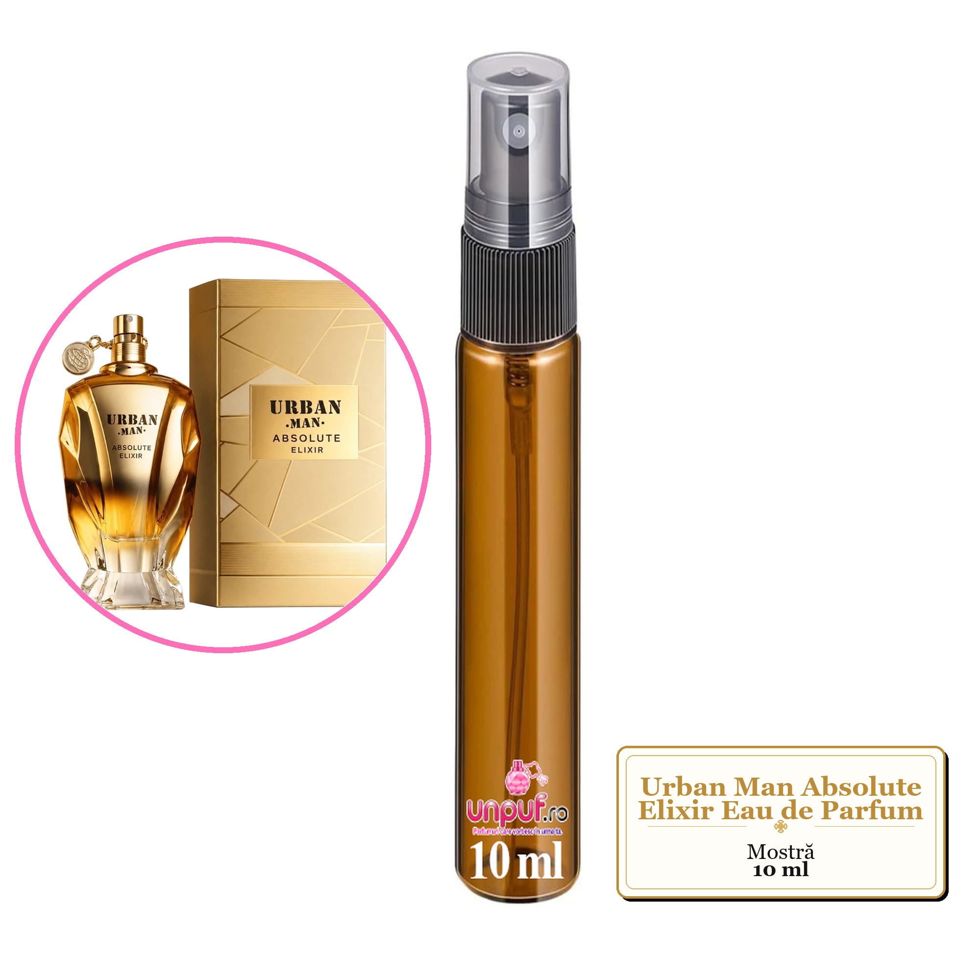 Mostra fiola din Parfumul Urban Man Absolute Elixir Eau de Parfum, decant sticla cu pulverizator