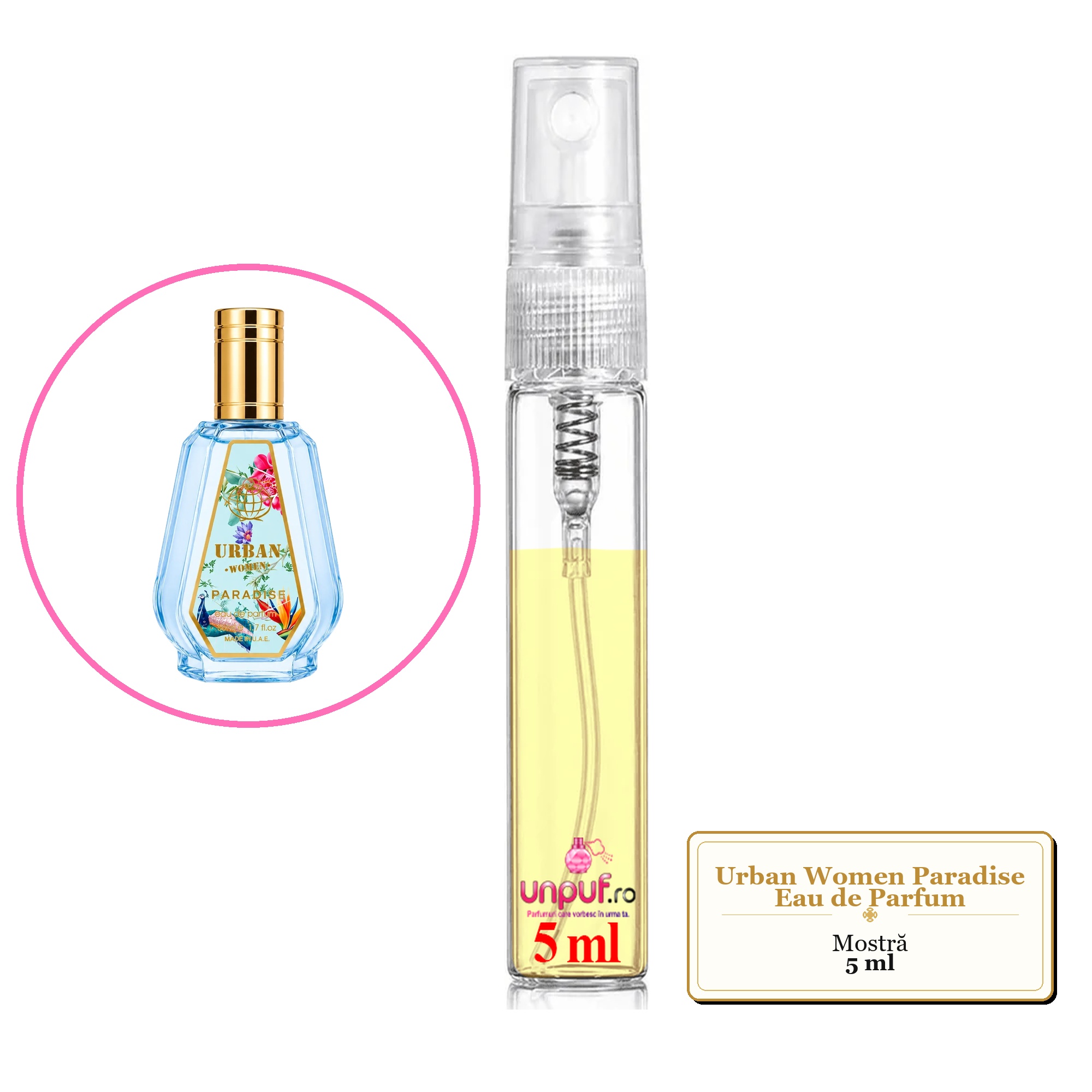 Mostra fiola din Parfumul Urban Women Paradise Eau de Parfum, decant sticla cu pulverizator