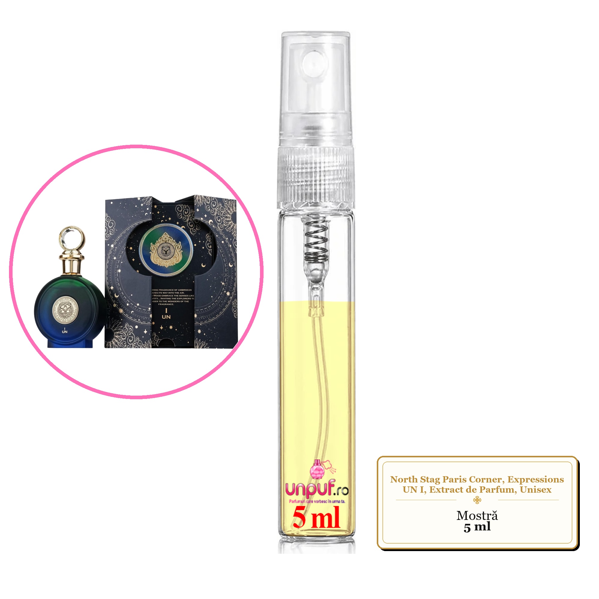 Mostra fiola din Parfumul North Stag Paris Corner, Expressions UN I, Extract de Parfum, Unisex, decant sticla cu pulverizator