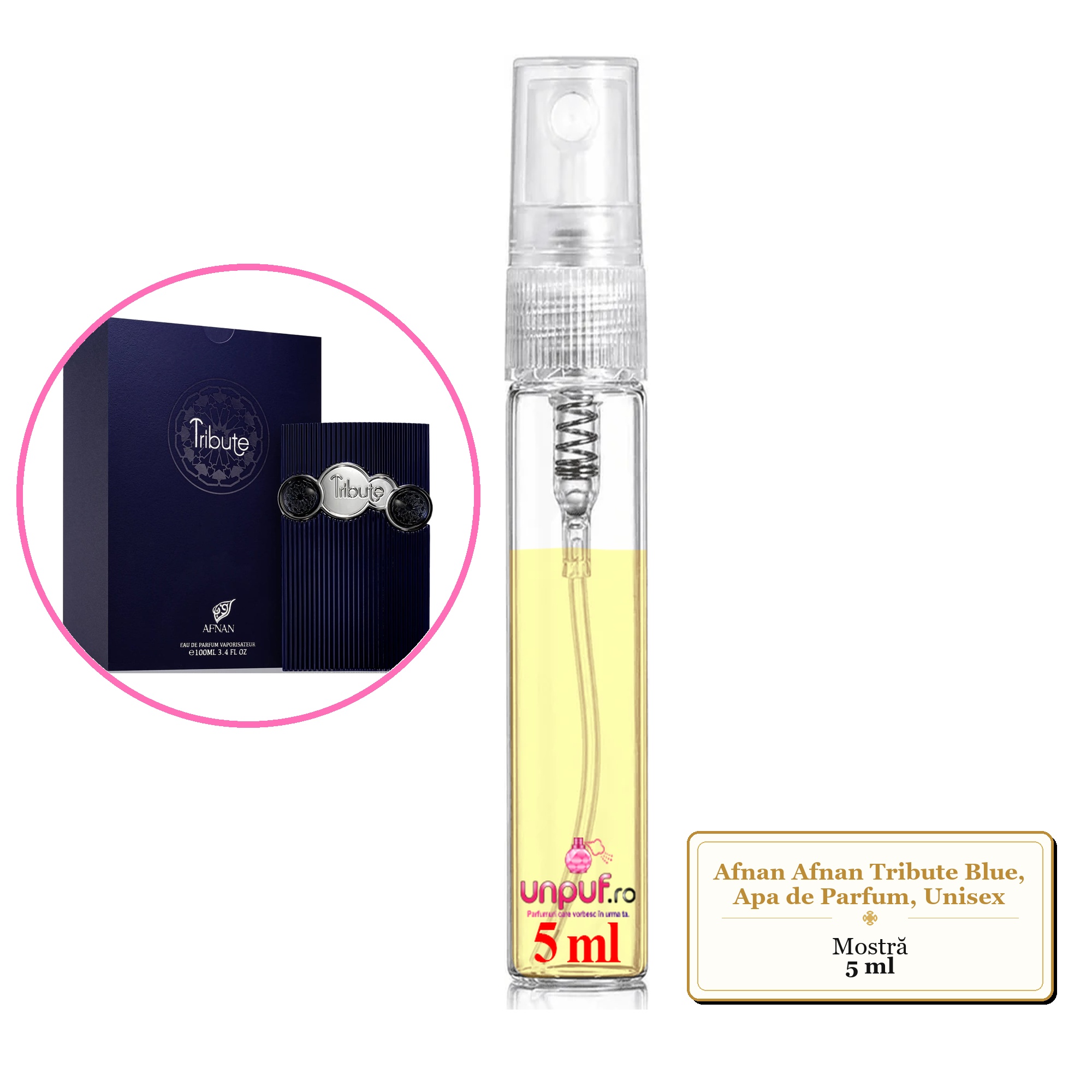 Mostra fiola din Parfumul Afnan Afnan Tribute Blue, Apa de Parfum, Unisex, decant sticla cu pulverizator