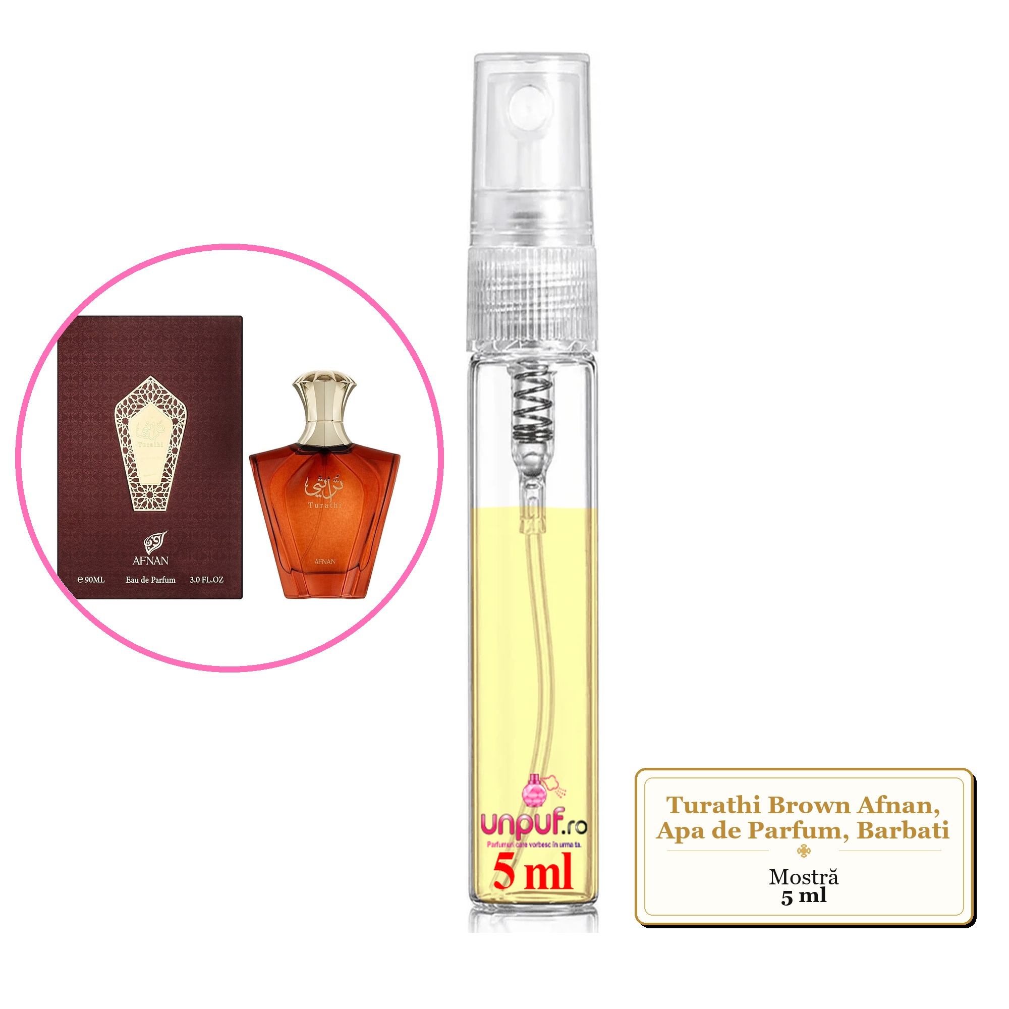 Mostra fiola din Parfumul Turathi Brown Afnan, Apa de Parfum, Barbati, decant sticla cu pulverizator