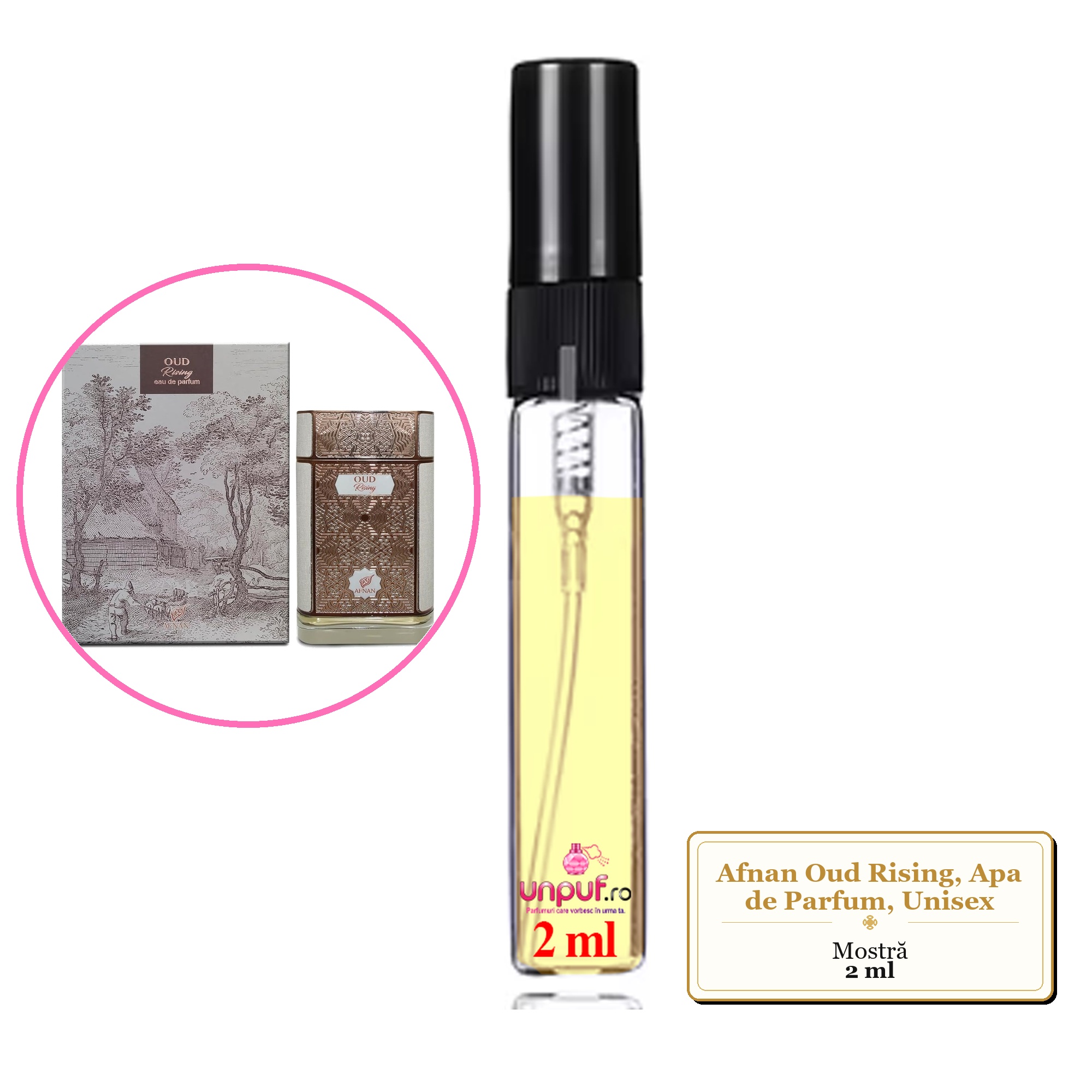 Mostra fiola din Parfumul Afnan Oud Rising, Apa de Parfum, Unisex, decant sticla cu pulverizator