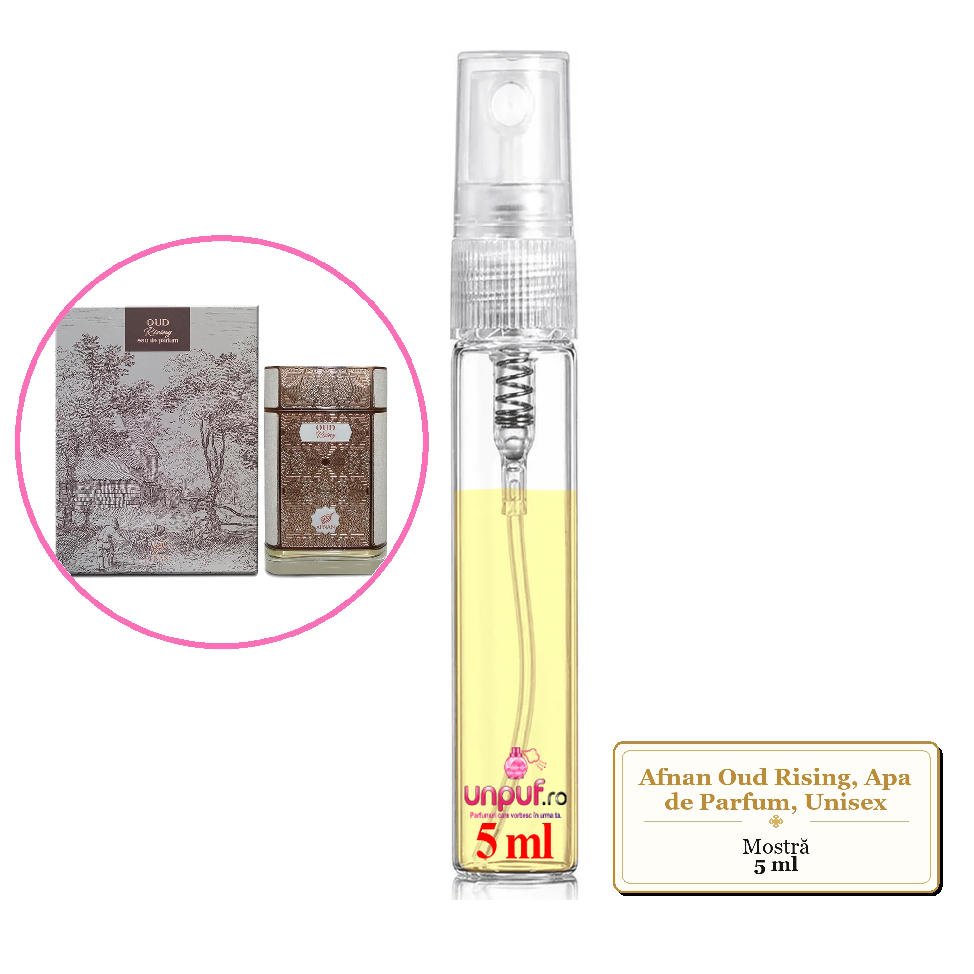 Mostra fiola din Parfumul Afnan Oud Rising, Apa de Parfum, Unisex, decant sticla cu pulverizator