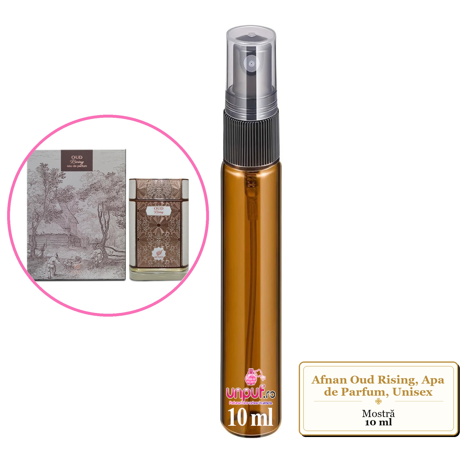 Mostra fiola din Parfumul Afnan Oud Rising, Apa de Parfum, Unisex, decant sticla cu pulverizator