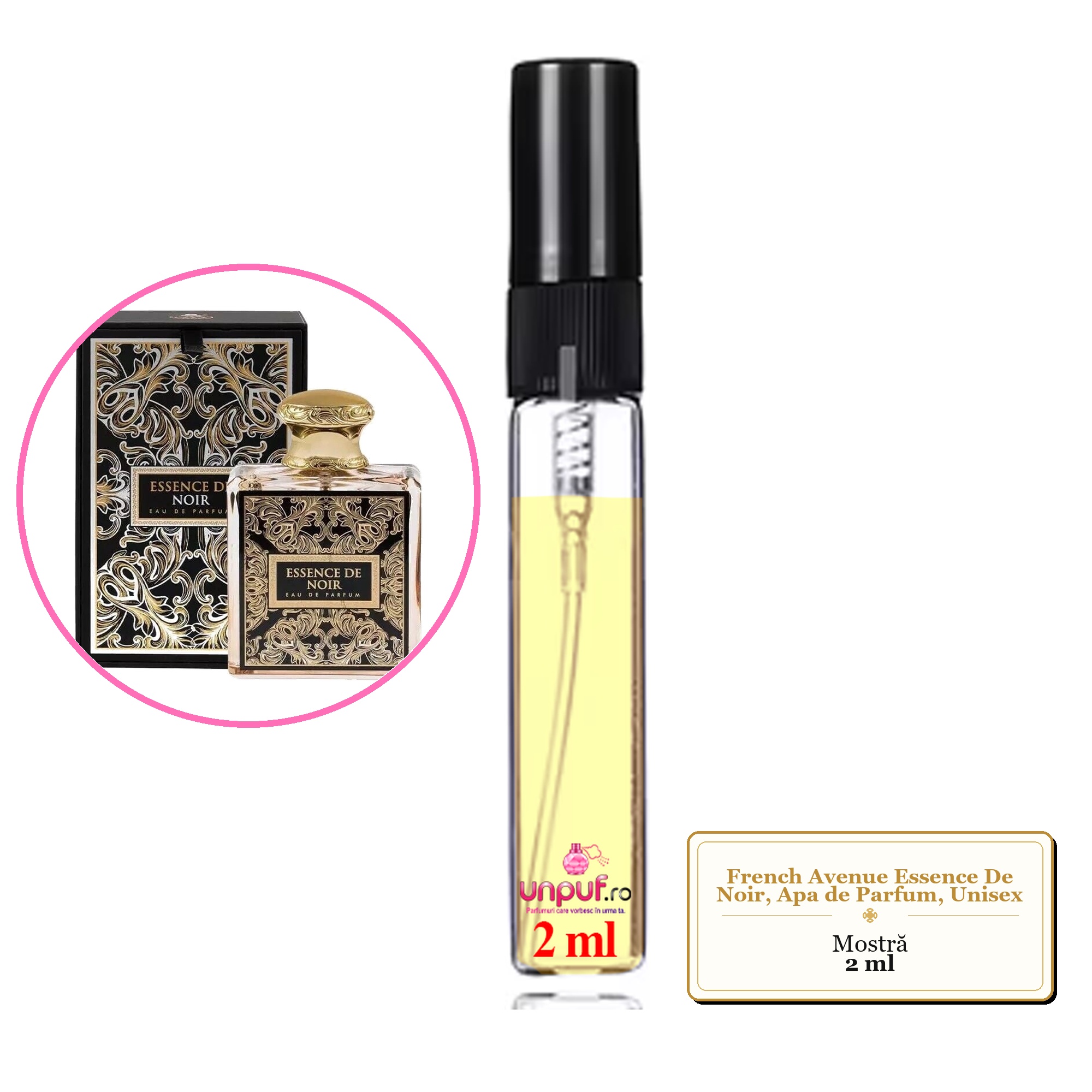 Mostra fiola din Parfumul French Avenue Essence De Noir, Apa de Parfum, Unisex, decant sticla cu pulverizator