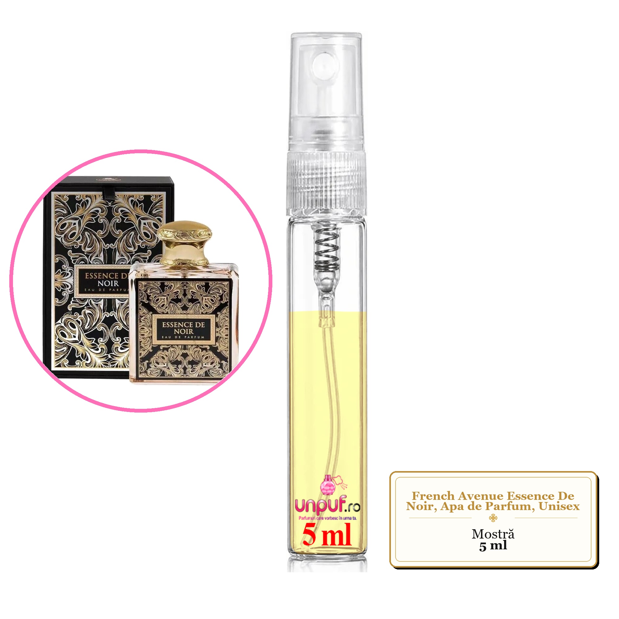Mostra fiola din Parfumul French Avenue Essence De Noir, Apa de Parfum, Unisex, decant sticla cu pulverizator