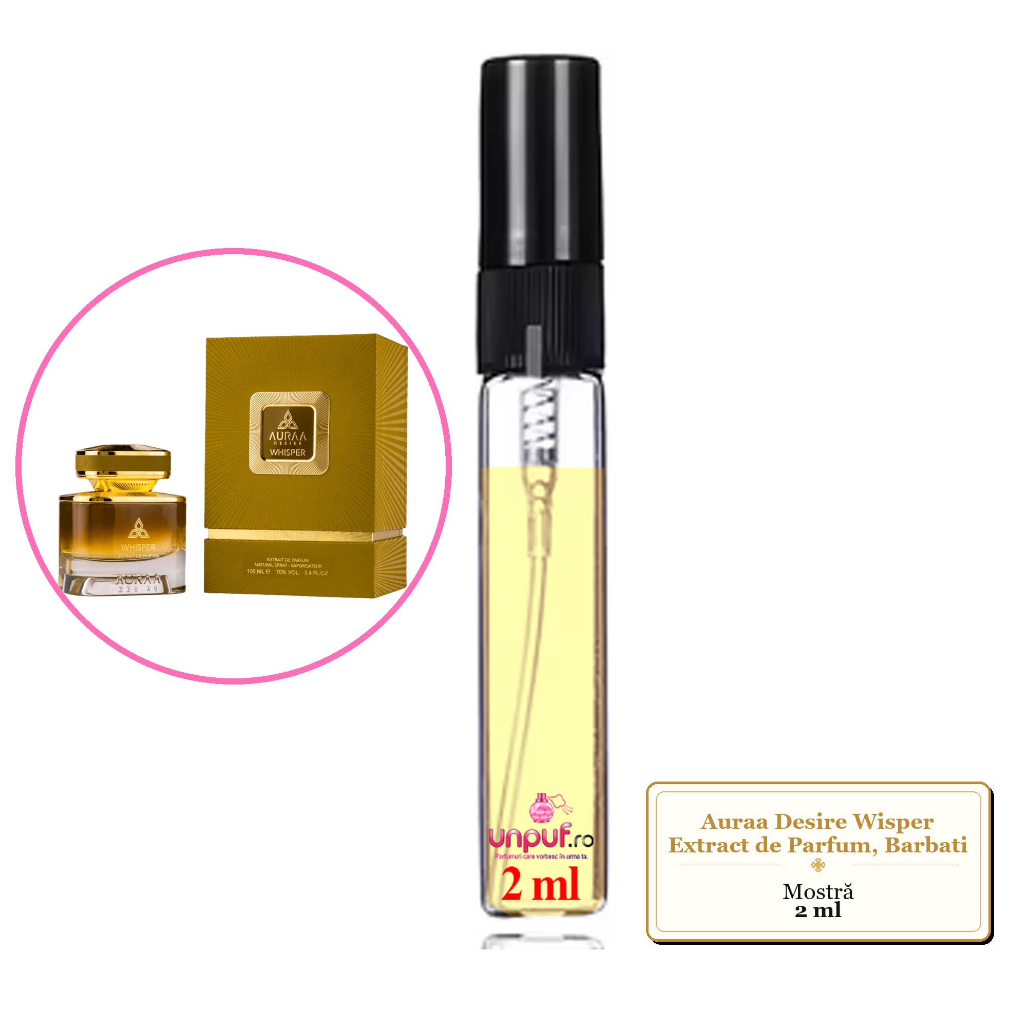 Mostra fiola din Parfumul Auraa Desire Wisper Extract de Parfum, Barbati, decant sticla cu pulverizator