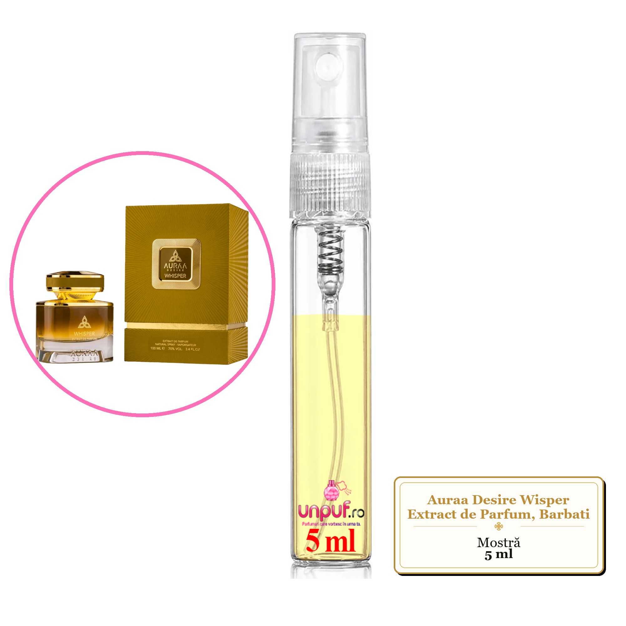 Mostra fiola din Parfumul Auraa Desire Wisper Extract de Parfum, Barbati, decant sticla cu pulverizator