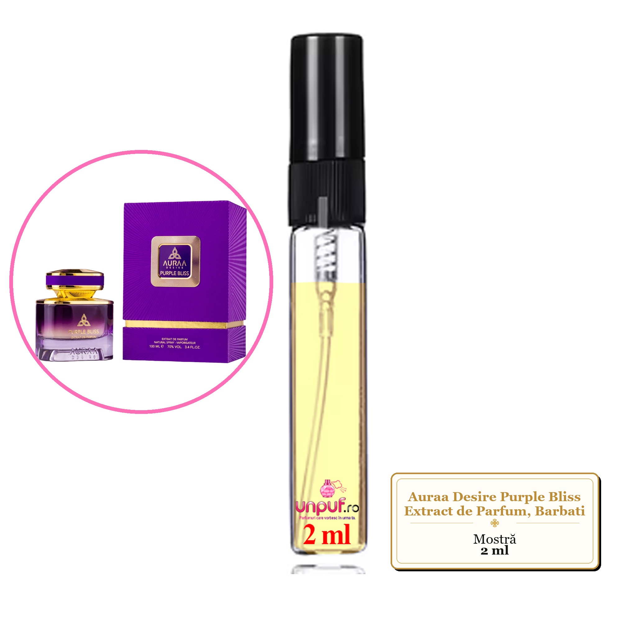 Mostra fiola din Parfumul Auraa Desire Purple Bliss Extract de Parfum, Barbati, decant sticla cu pulverizator