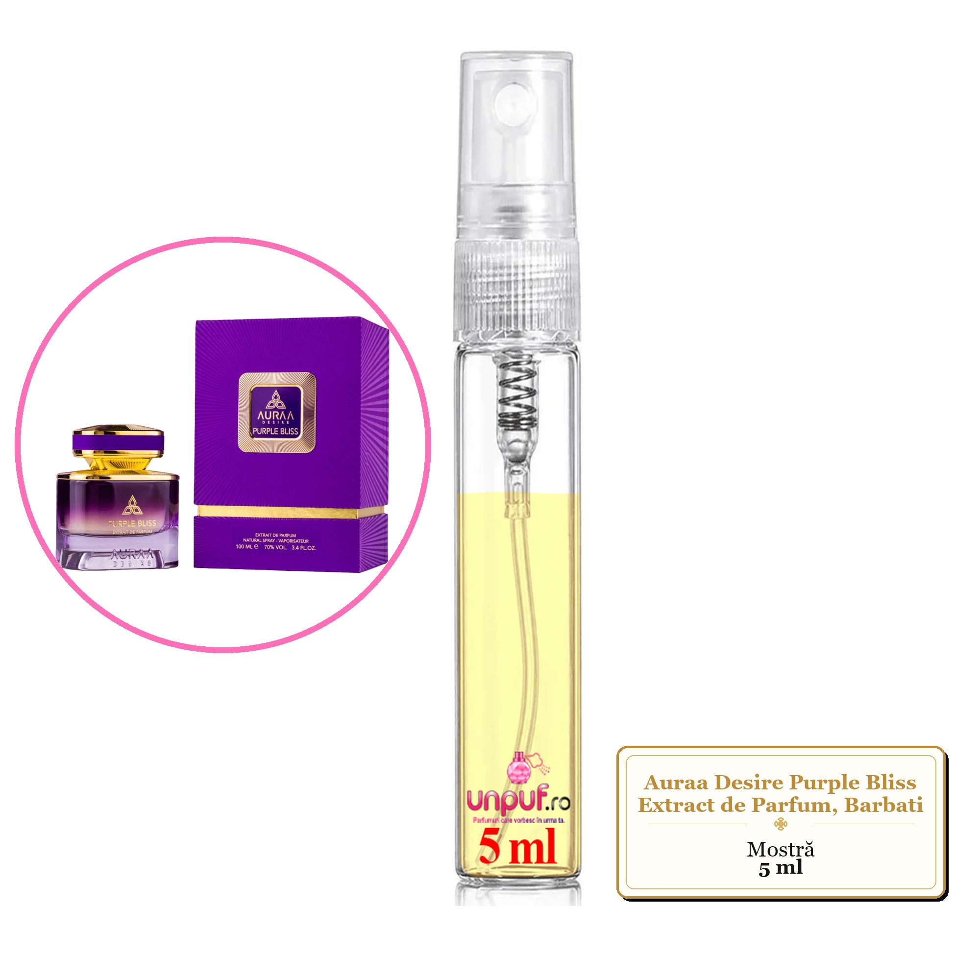 Mostra fiola din Parfumul Auraa Desire Purple Bliss Extract de Parfum, Barbati, decant sticla cu pulverizator