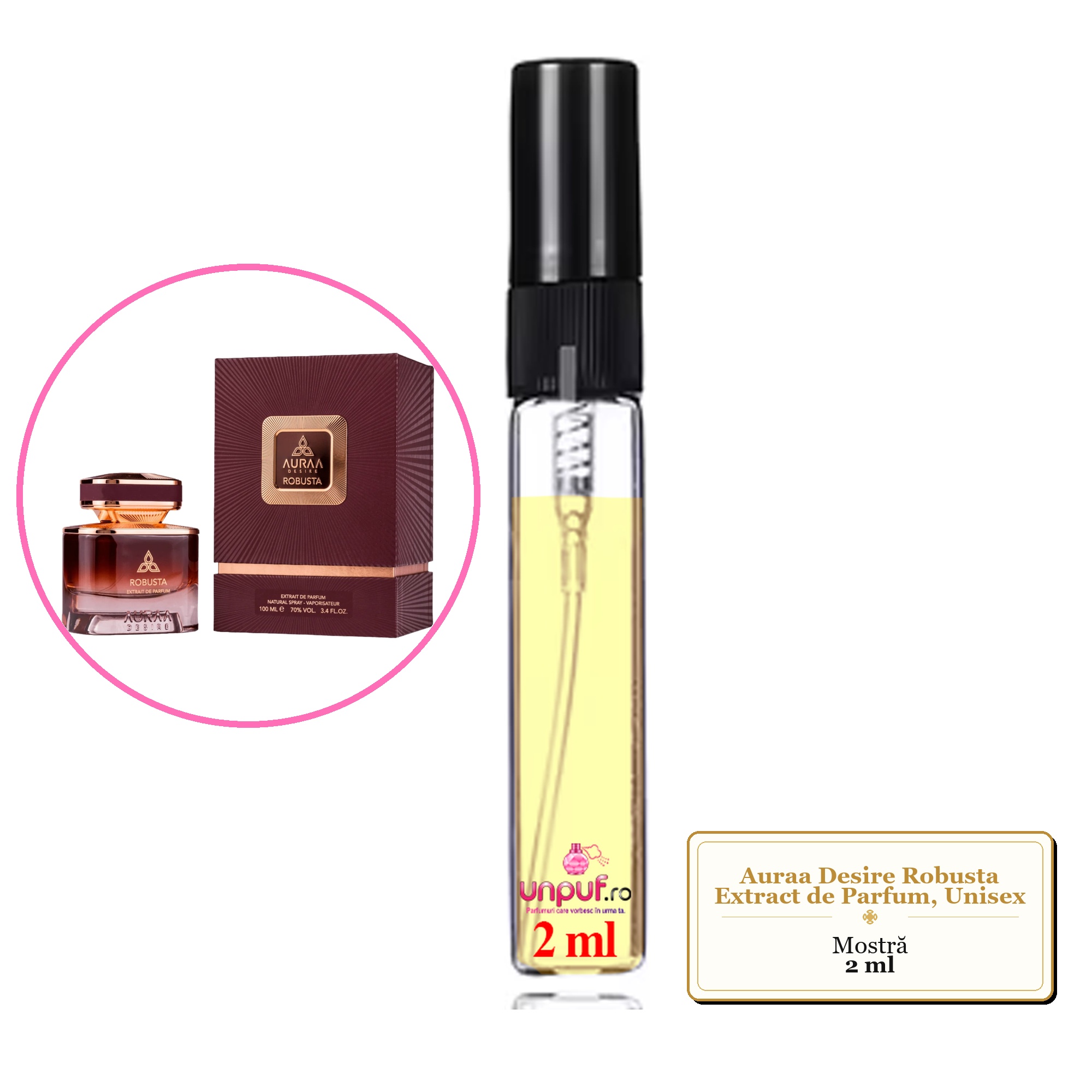 Mostra fiola din Parfumul Auraa Desire Robusta Extract de Parfum, Unisex, decant sticla cu pulverizator