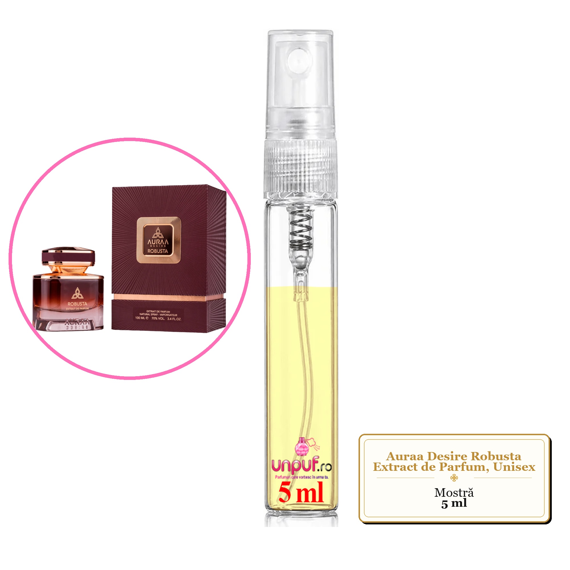 Mostra fiola din Parfumul Auraa Desire Robusta Extract de Parfum, Unisex, decant sticla cu pulverizator