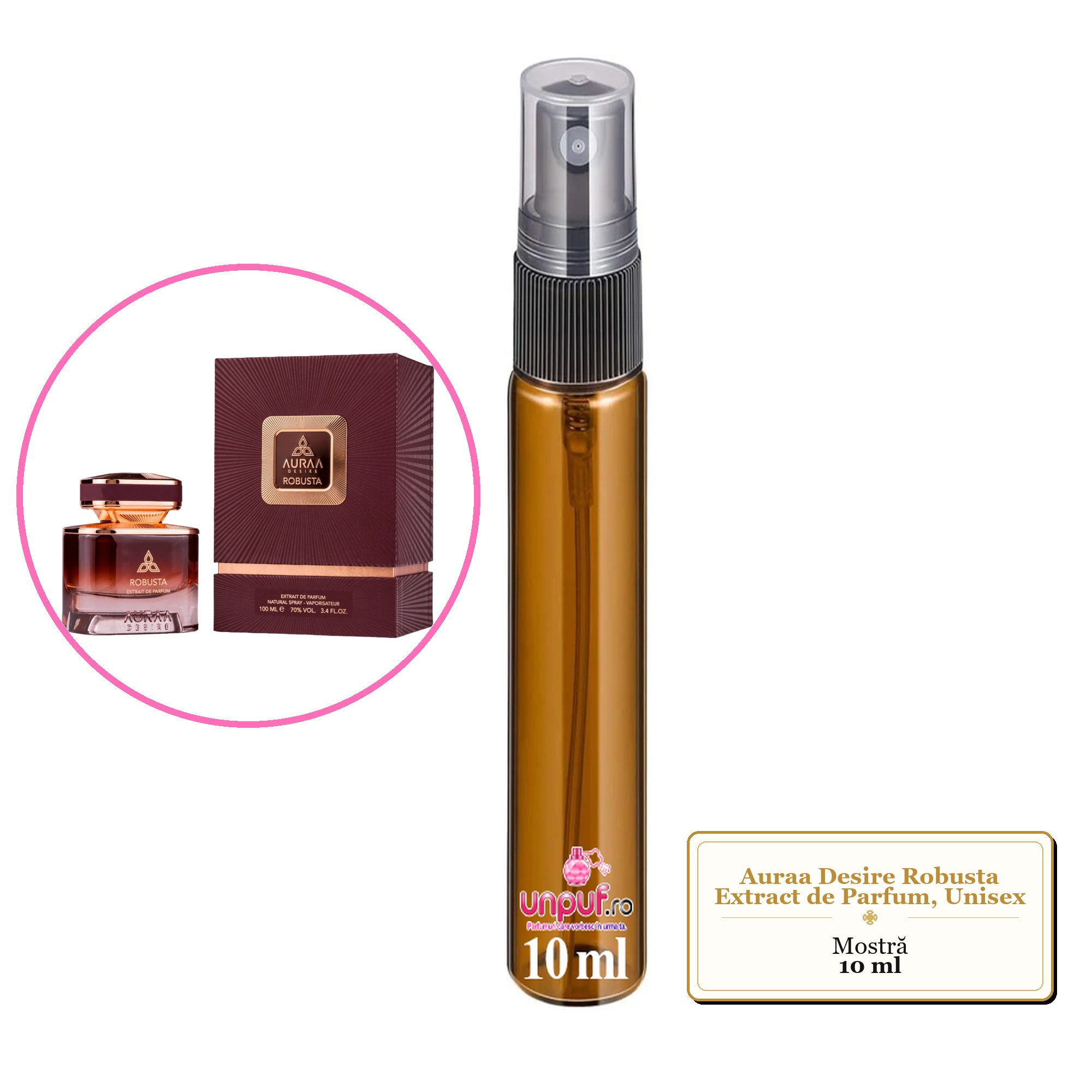 Mostra fiola din Parfumul Auraa Desire Robusta Extract de Parfum, Unisex, decant sticla cu pulverizator