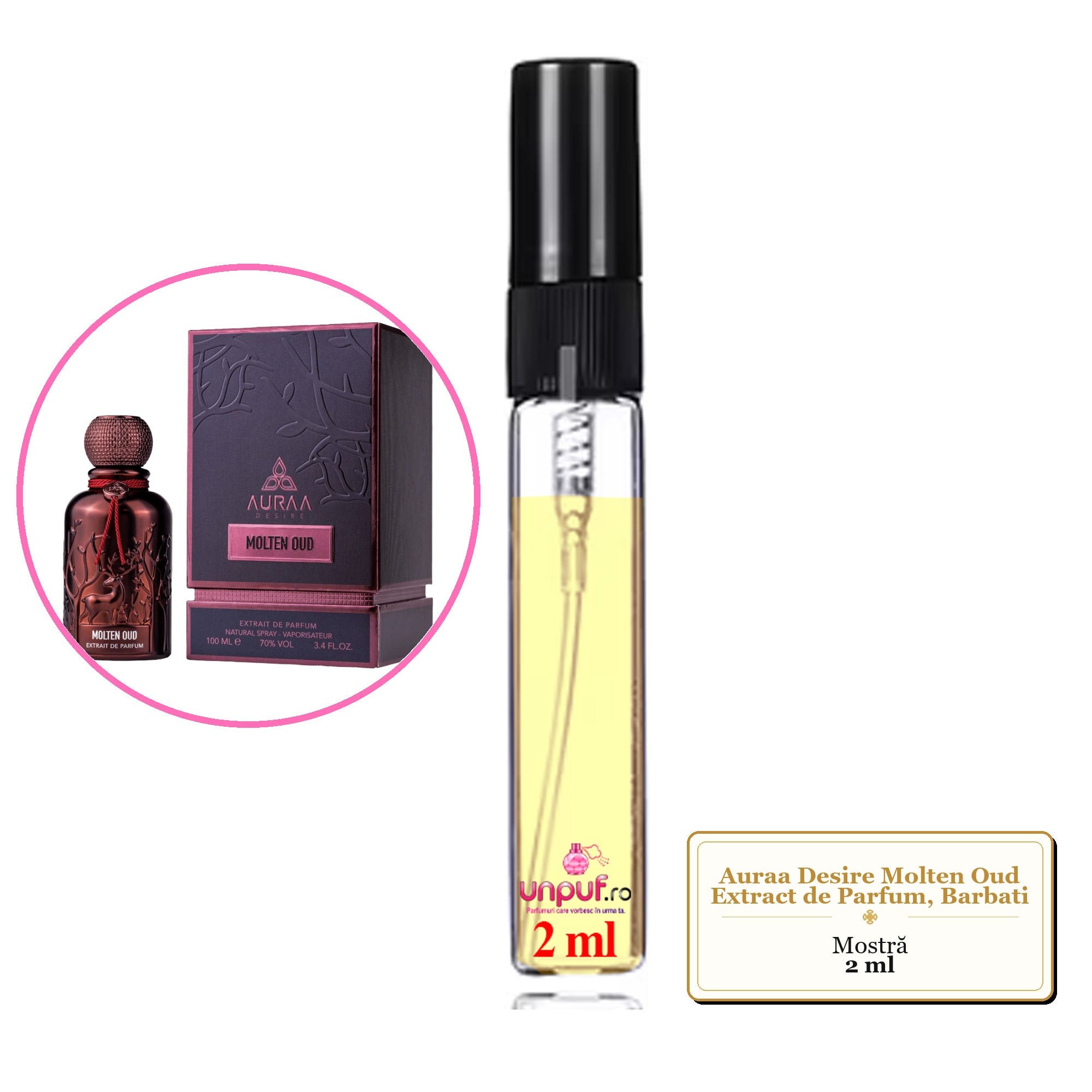 Mostra fiola din Parfumul Auraa Desire Molten Oud Extract de Parfum, Barbati, decant sticla cu pulverizator