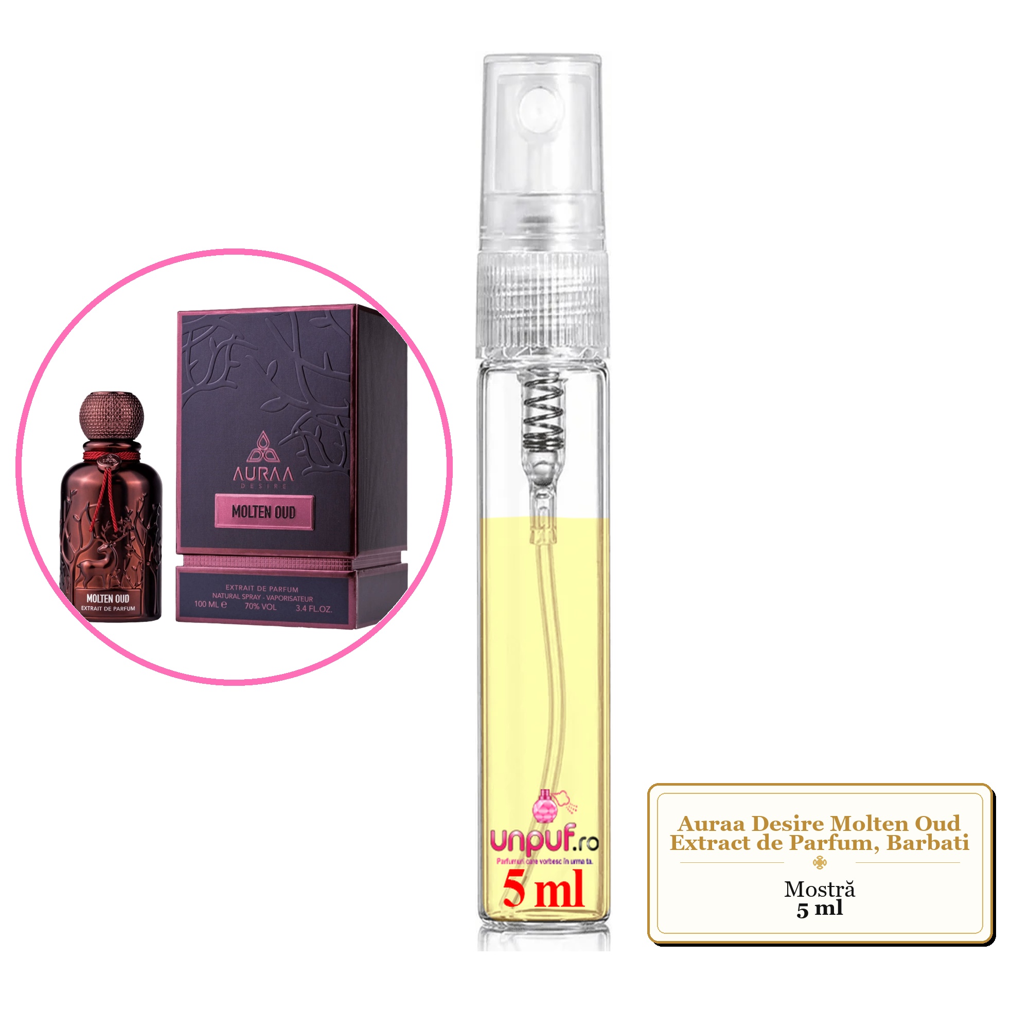 Mostra fiola din Parfumul Auraa Desire Molten Oud Extract de Parfum, Barbati, decant sticla cu pulverizator