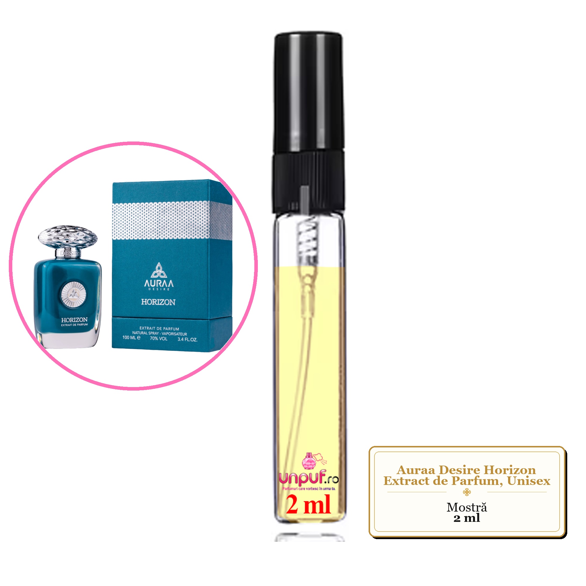 Mostra fiola din Parfumul Auraa Desire Horizon Extract de Parfum, Unisex, decant sticla cu pulverizator