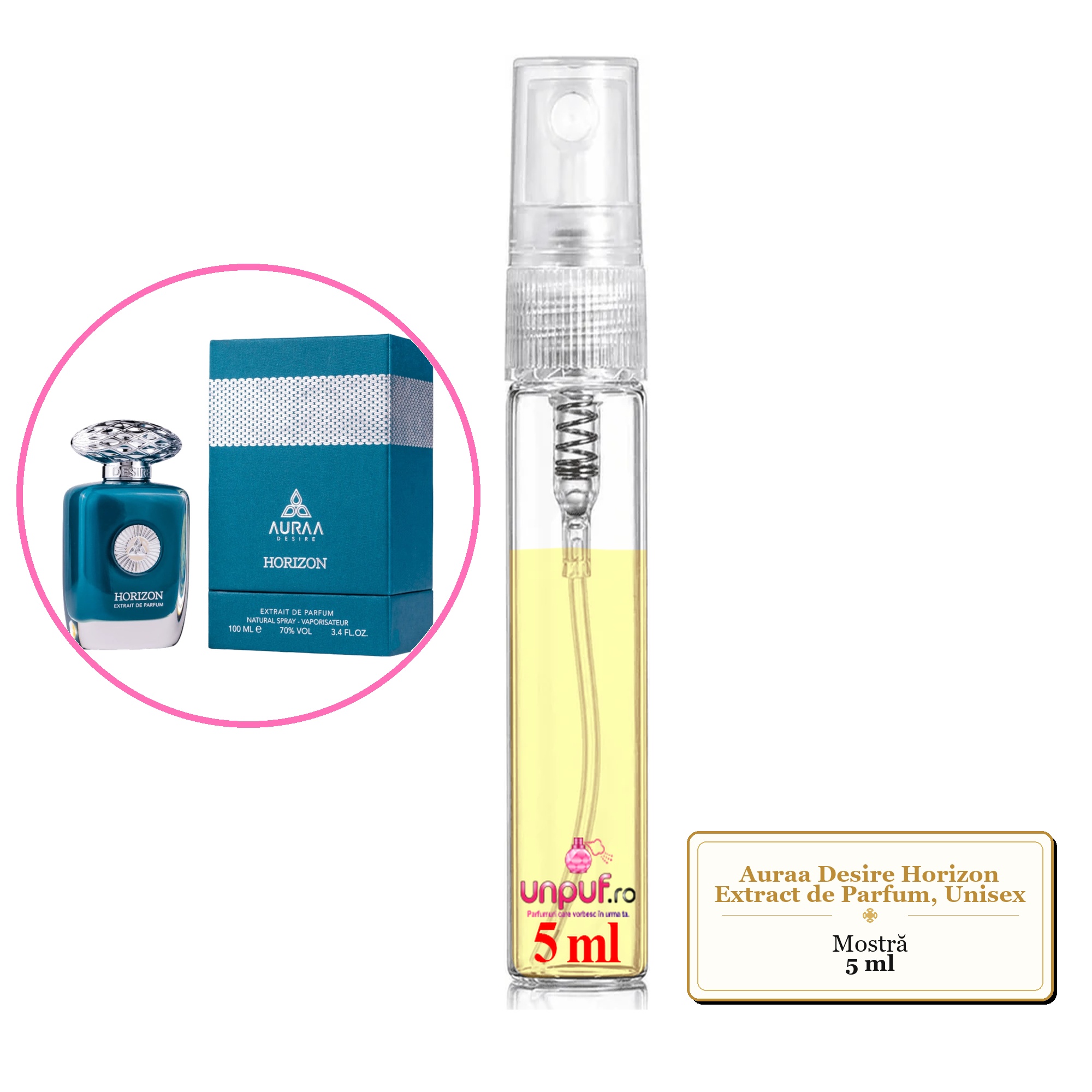 Mostra fiola din Parfumul Auraa Desire Horizon Extract de Parfum, Unisex, decant sticla cu pulverizator