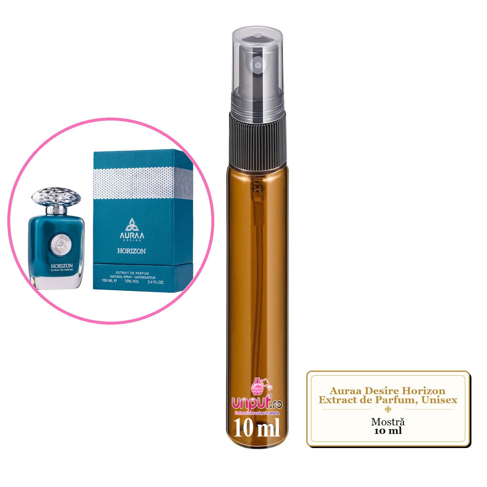 Mostra fiola din Parfumul Auraa Desire Horizon Extract de Parfum, Unisex, decant sticla cu pulverizator