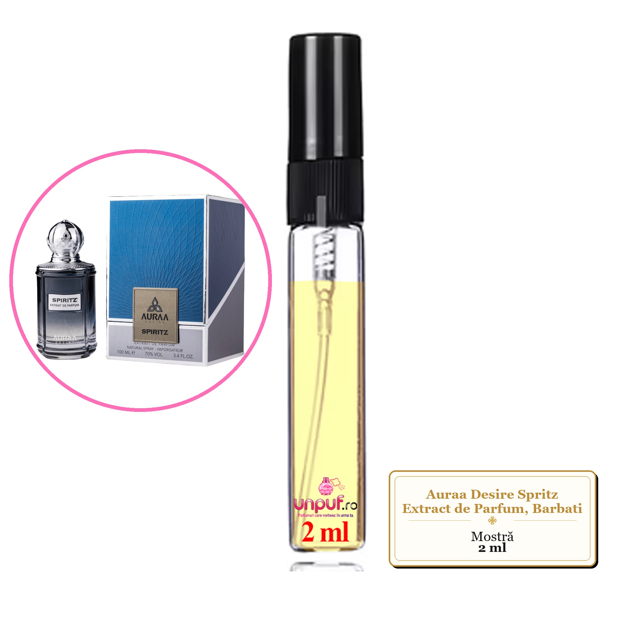 Mostra fiola din Parfumul Auraa Desire Spritz Extract de Parfum, Barbati, decant sticla cu pulverizator