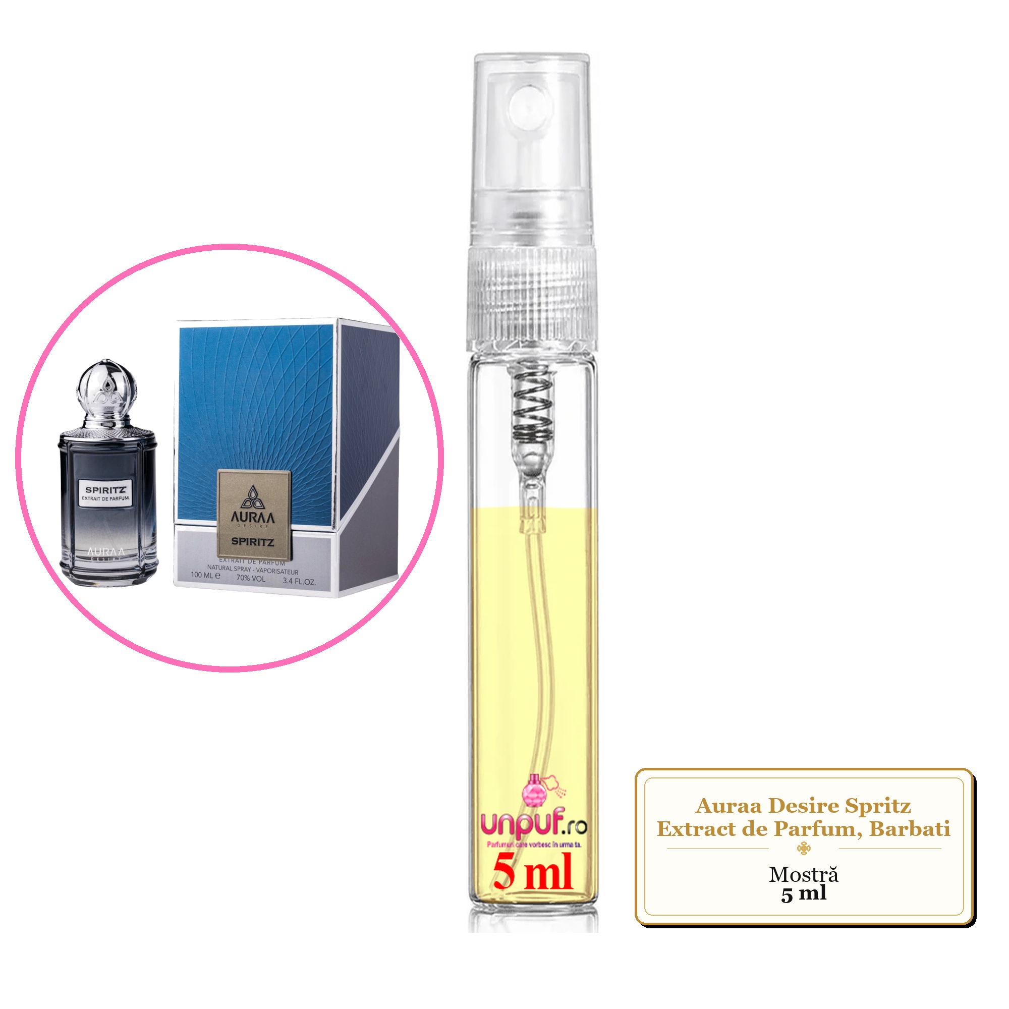 Mostra fiola din Parfumul Auraa Desire Spritz Extract de Parfum, Barbati, decant sticla cu pulverizator