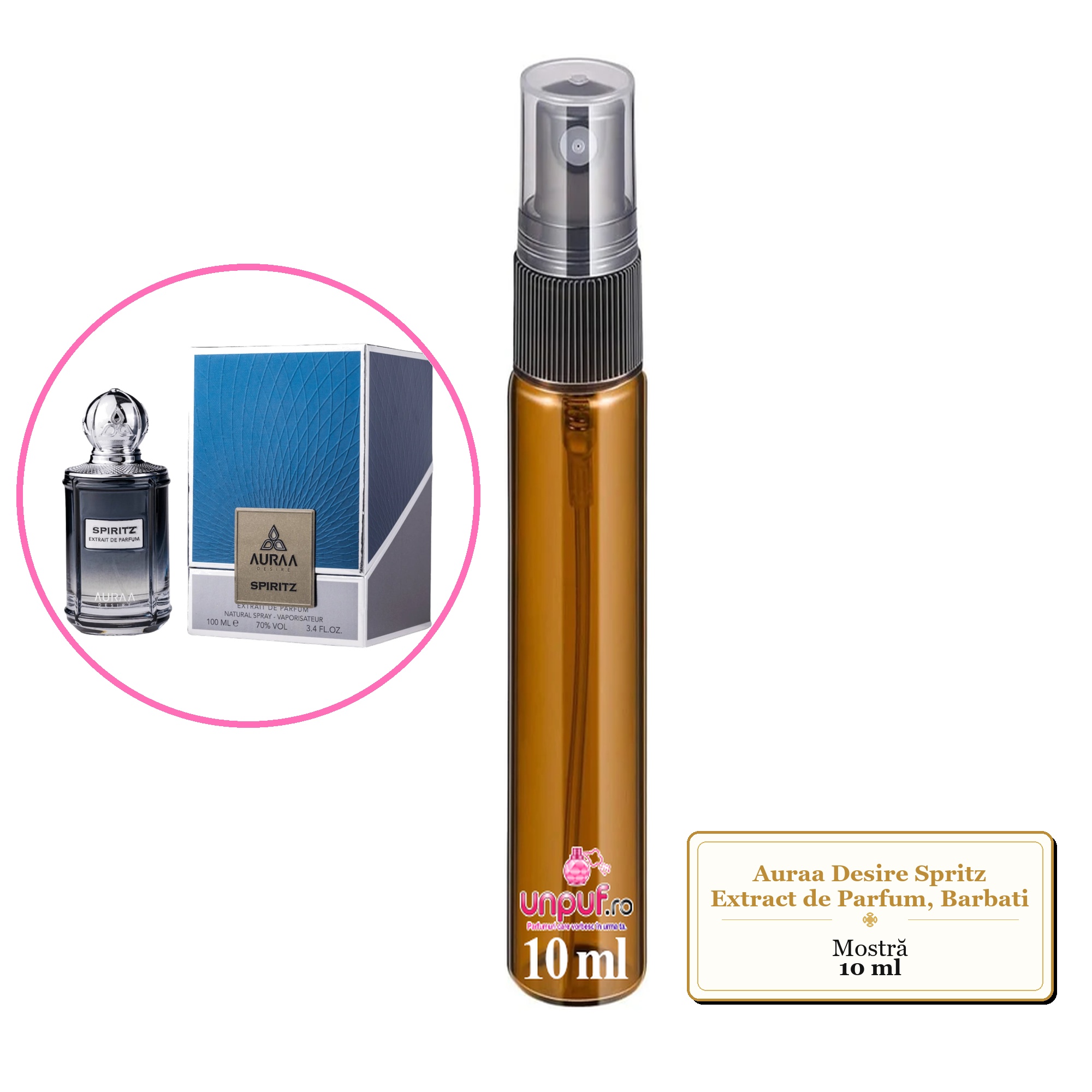 Mostra fiola din Parfumul Auraa Desire Spritz Extract de Parfum, Barbati, decant sticla cu pulverizator