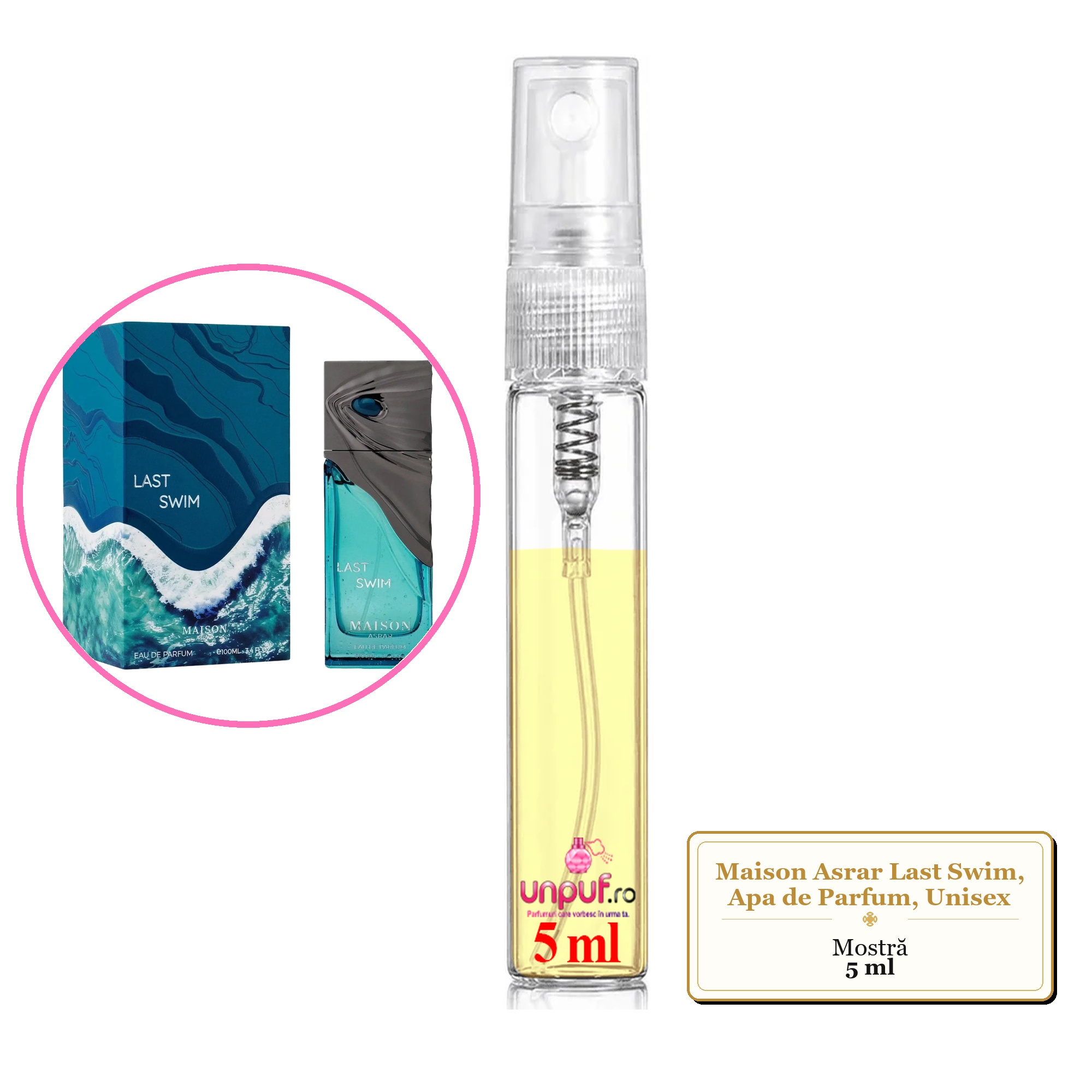 Mostra fiola din Parfumul Maison Asrar Last Swim, Apa de Parfum, Unisex, decant sticla cu pulverizator