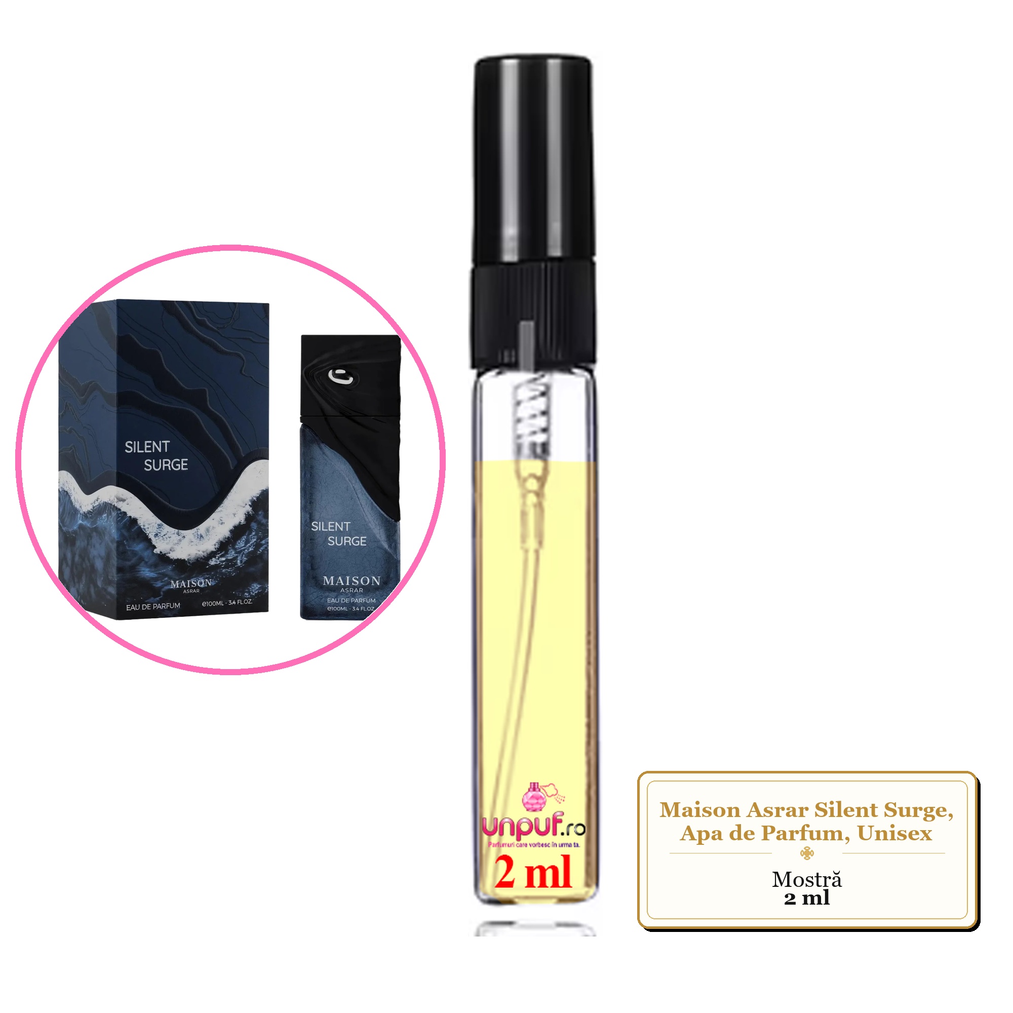 Mostra fiola din Parfumul Maison Asrar Silent Surge, Apa de Parfum, Unisex, decant sticla cu pulverizator