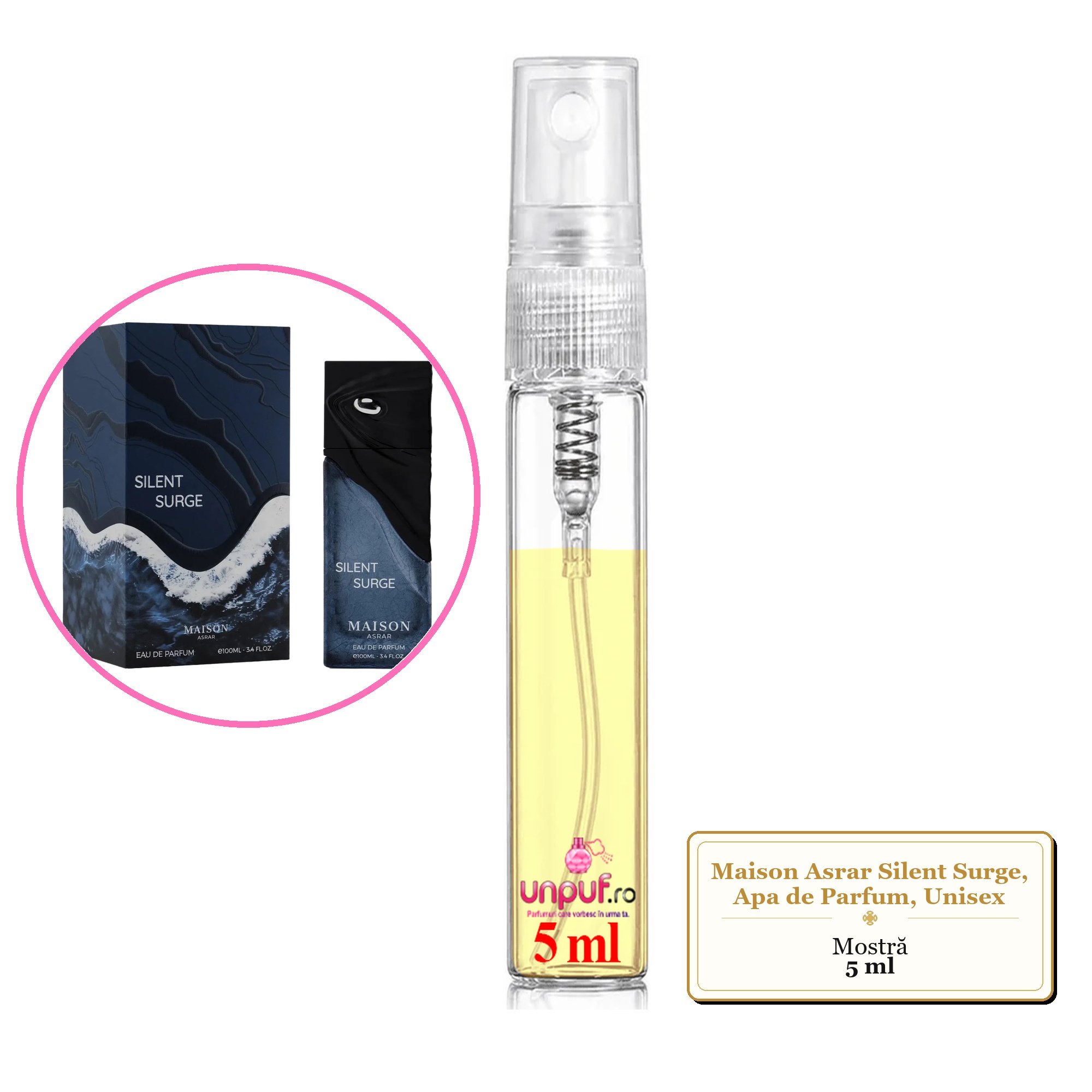 Mostra fiola din Parfumul Maison Asrar Silent Surge, Apa de Parfum, Unisex, decant sticla cu pulverizator
